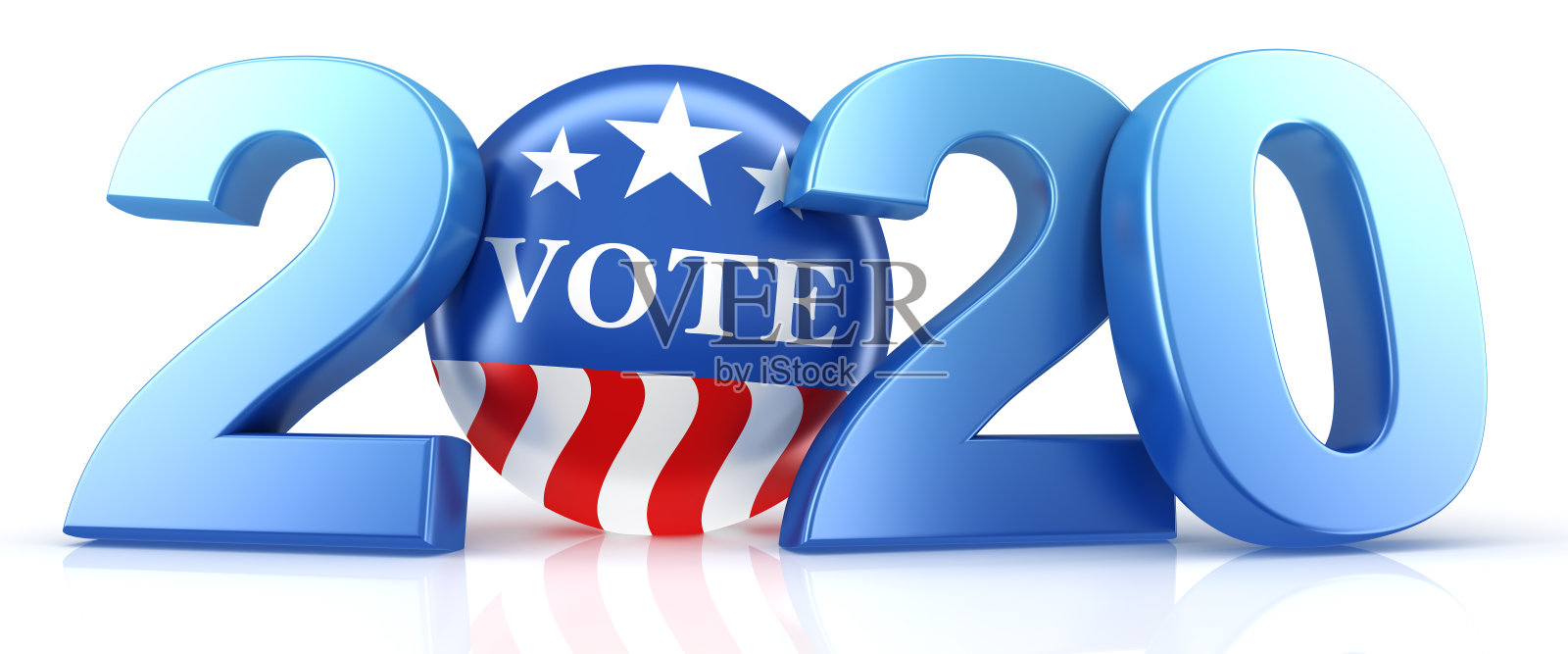 2020年的投票。红色，白色和蓝色的投票针在2020年与投票文本。3 d渲染。照片摄影图片