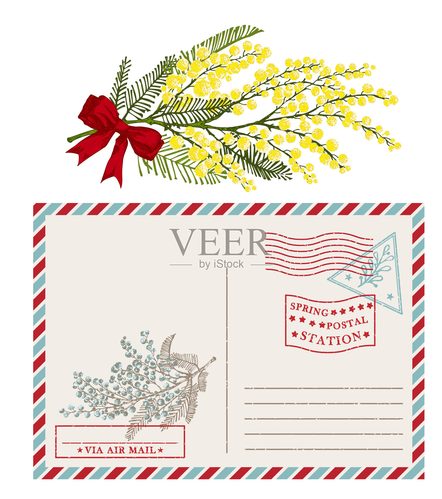 模板的复古明信片信封与手绘的黄色含苞草花树枝。纹理垃圾8三月橡胶邮票你的问候文字的地方设计妇女节海报的好主意设计模板素材