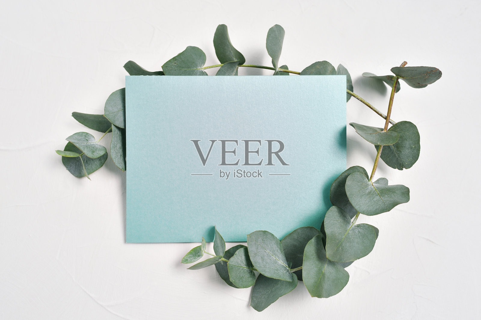 模拟桉树叶和绿松石纸的地方文字在白色的背景。用桉树枝制成的花环。平躺，俯视图照片摄影图片