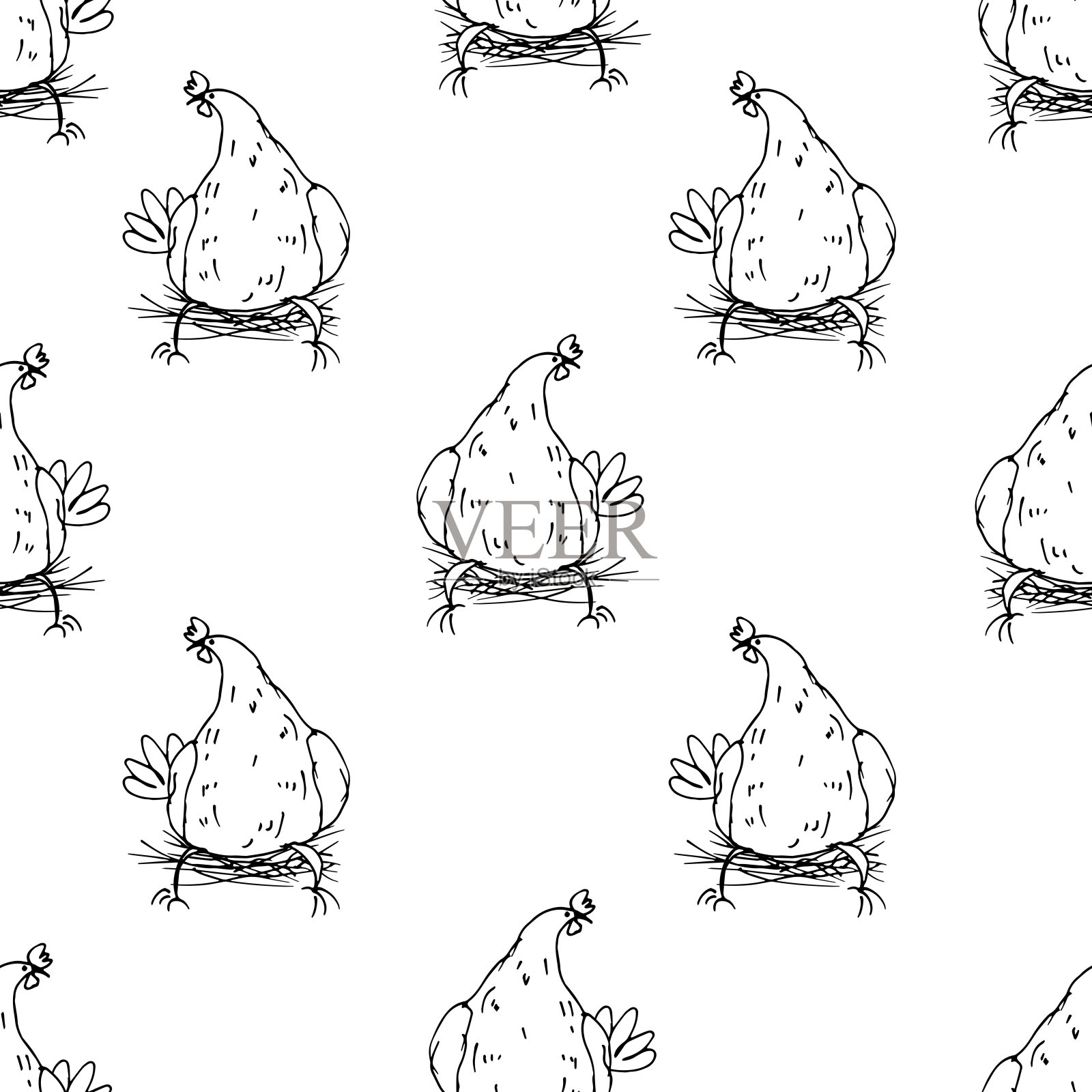 母鸡。无缝模式。线的艺术。巢。插画图片素材