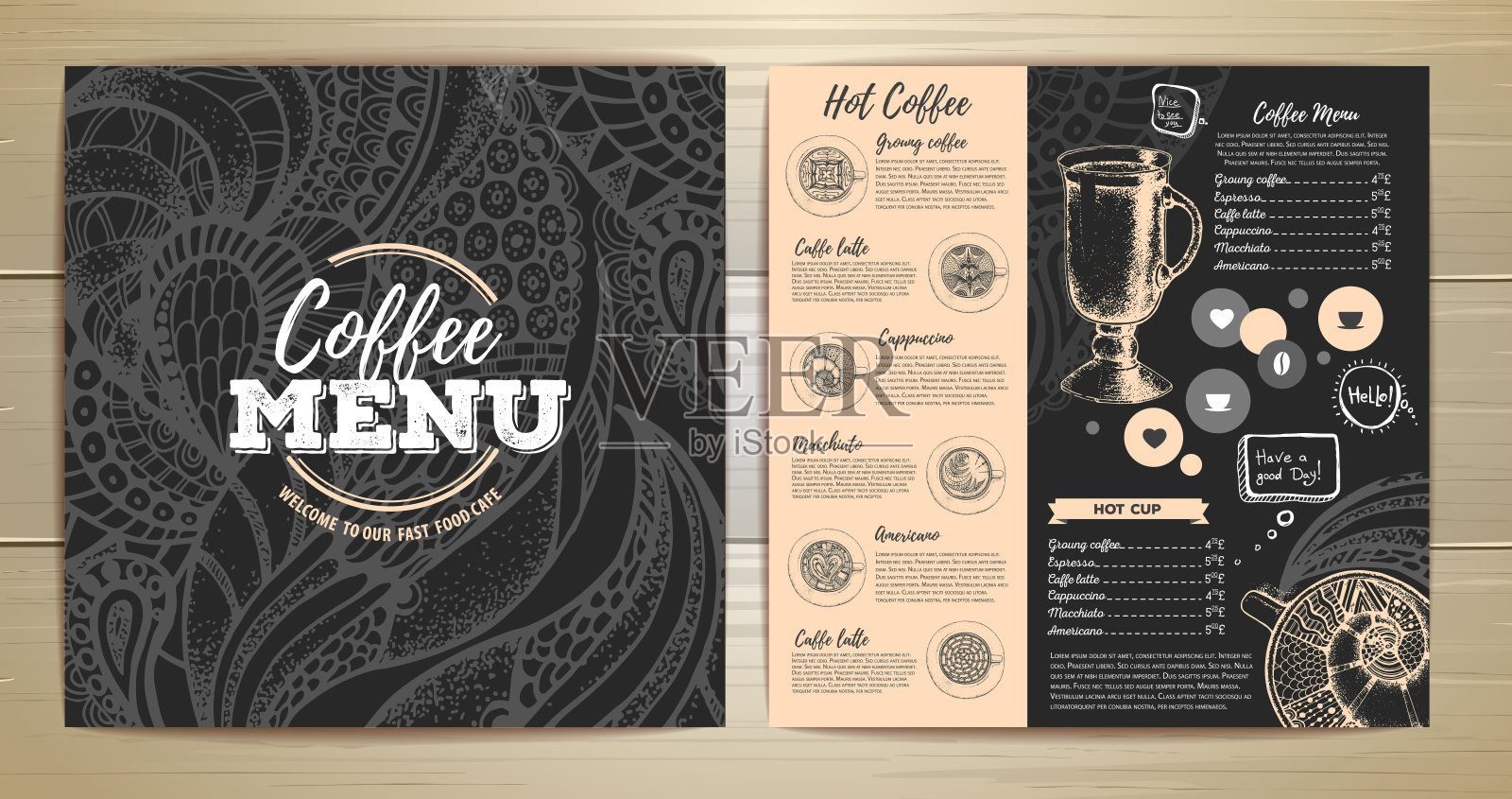 咖啡菜单设计。一杯咖啡或茶的装饰画设计模板素材