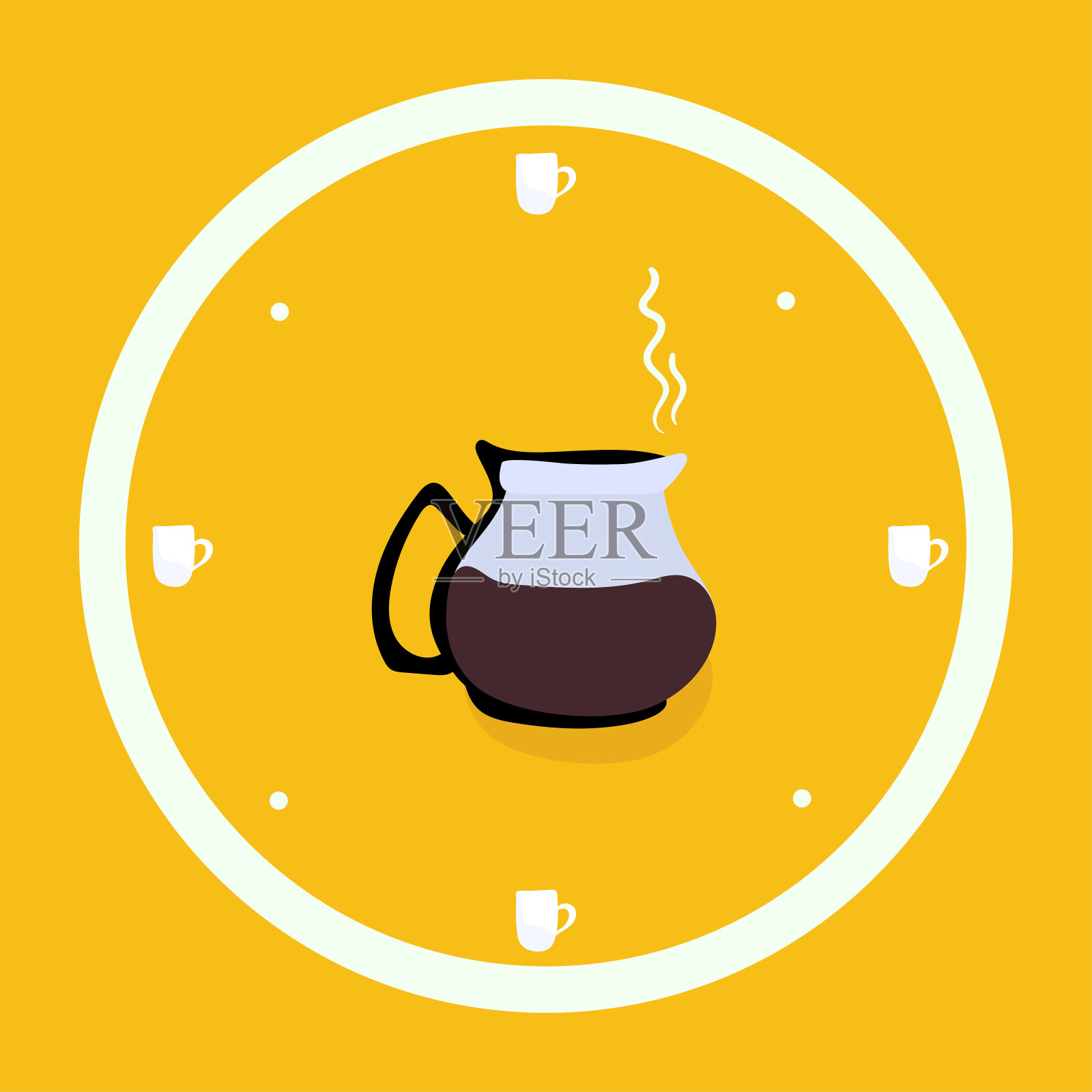 咖啡时间，时钟与壶和杯子，咖啡馆或办公室的有趣打印，矢量插图插画图片素材