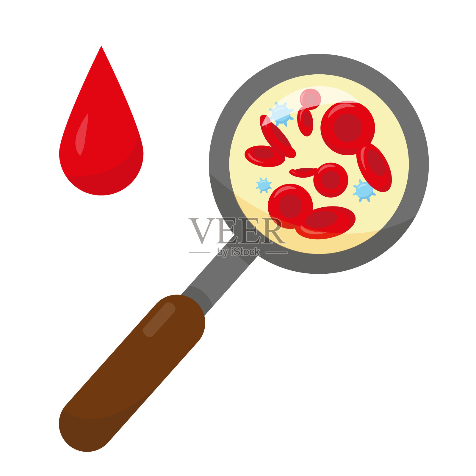 放大镜和一滴血。血液测试，元素分析。矢量插图。插画图片素材