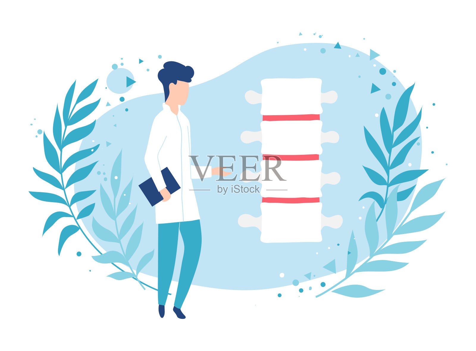 骨科医生检查脊柱。损伤后的物理治疗和康复。设计元素图片