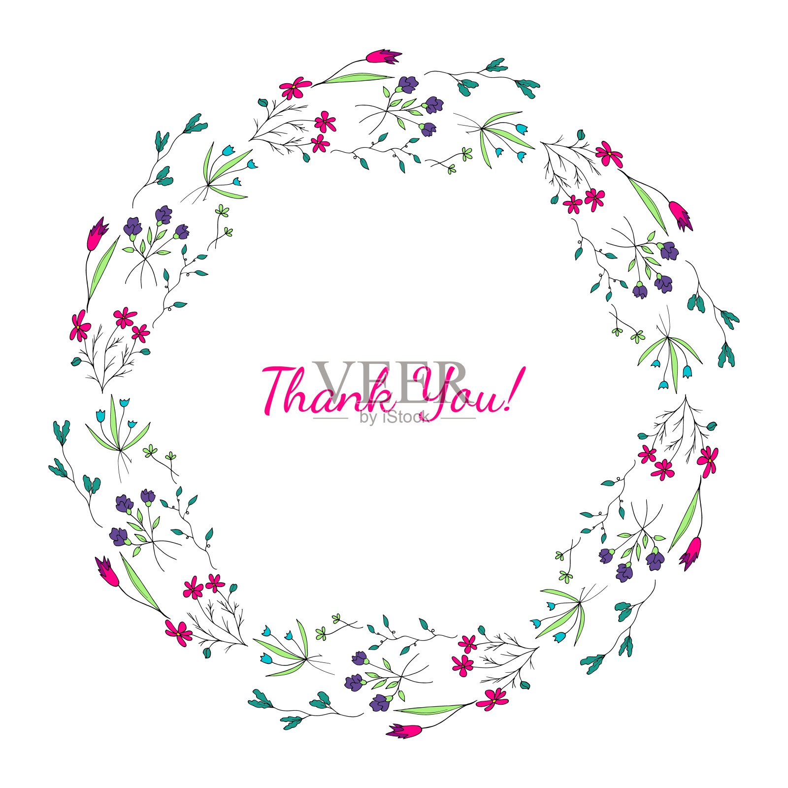 装饰花环的明亮简单的野花涂鸦风格在白色的背景。手绘。标题谢谢。孤立的对象。矢量插图。插画图片素材