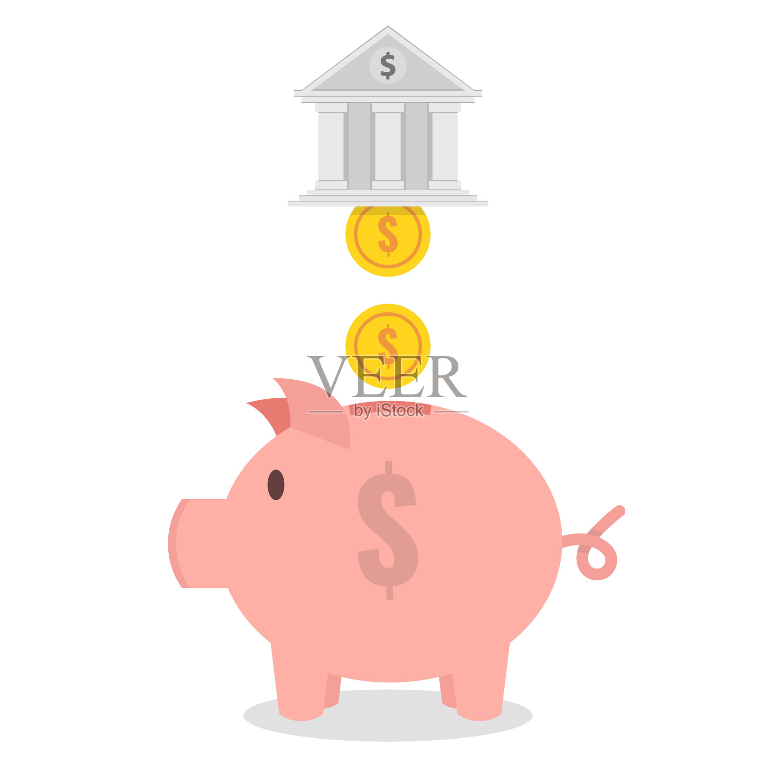 带硬币的小猪储蓄罐。储蓄或积累资金，投资理念。平面向量插图。插画图片素材