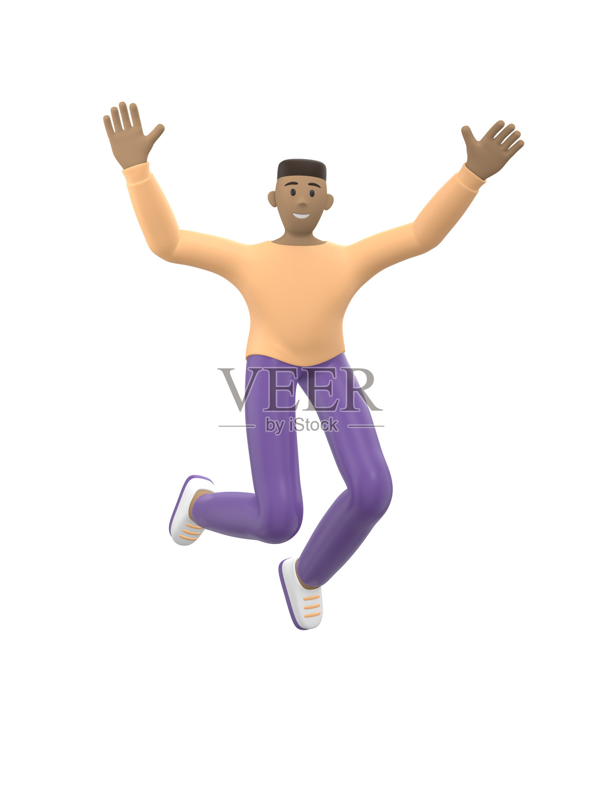 一个年轻活泼的非洲人跳舞、跳跃、漂浮和飞翔。积极的角色在休闲彩色衣服孤立在白色的背景。有趣、抽象的卡通人物。3 d渲染。照片摄影图片