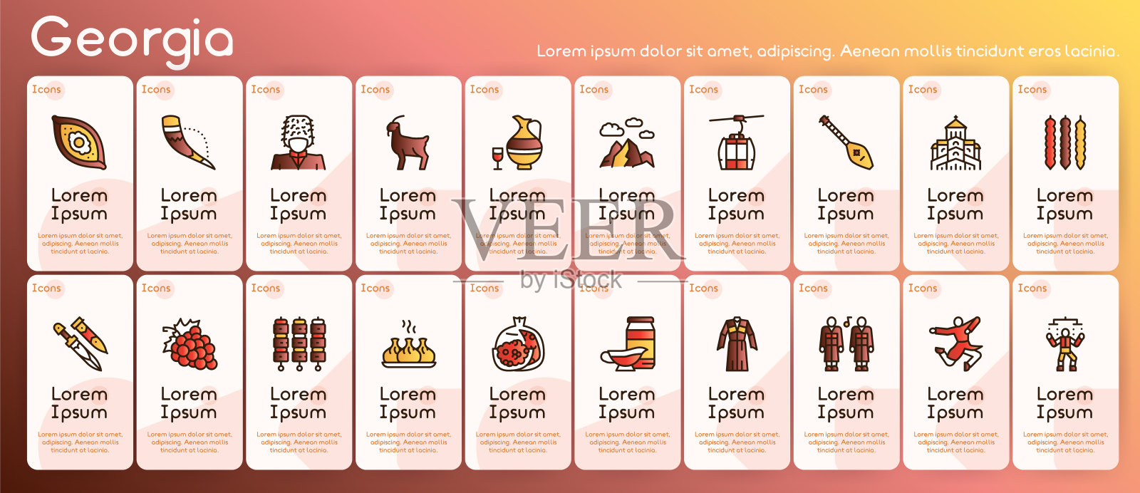 乔治亚颜色线性图标集。格鲁吉亚文化、食物和传统插画图片素材