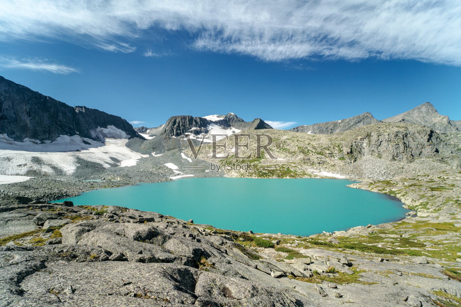 俄罗斯自然野生。美丽的风景，翠绿的湖在山上。湖水清澈碧绿。在阿尔泰共和国旅游。在俄罗斯旅游。西伯利亚的储备。阿尔卑斯山的风景。照片摄影图片