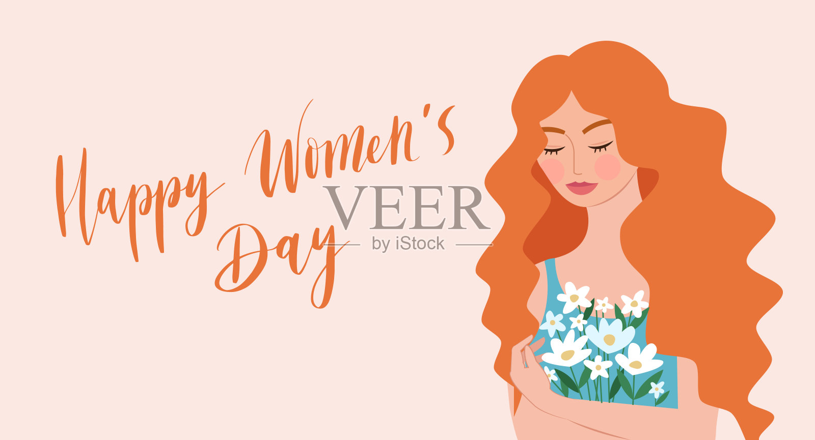 美丽幸福的年轻女子捧着花束。三八妇女节快乐插画图片素材