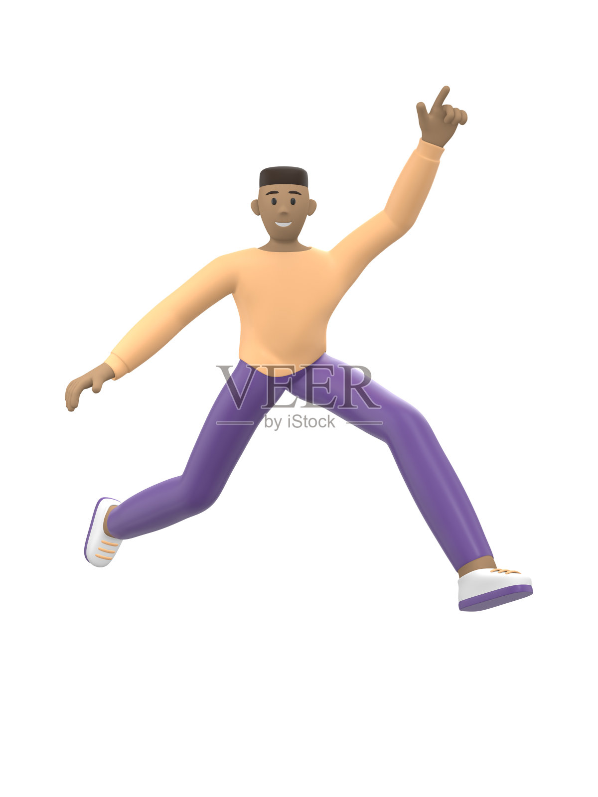 一个年轻活泼的非洲人跳舞、跳跃、漂浮和飞翔。积极的角色在休闲彩色衣服孤立在白色的背景。有趣、抽象的卡通人物。3 d渲染。照片摄影图片