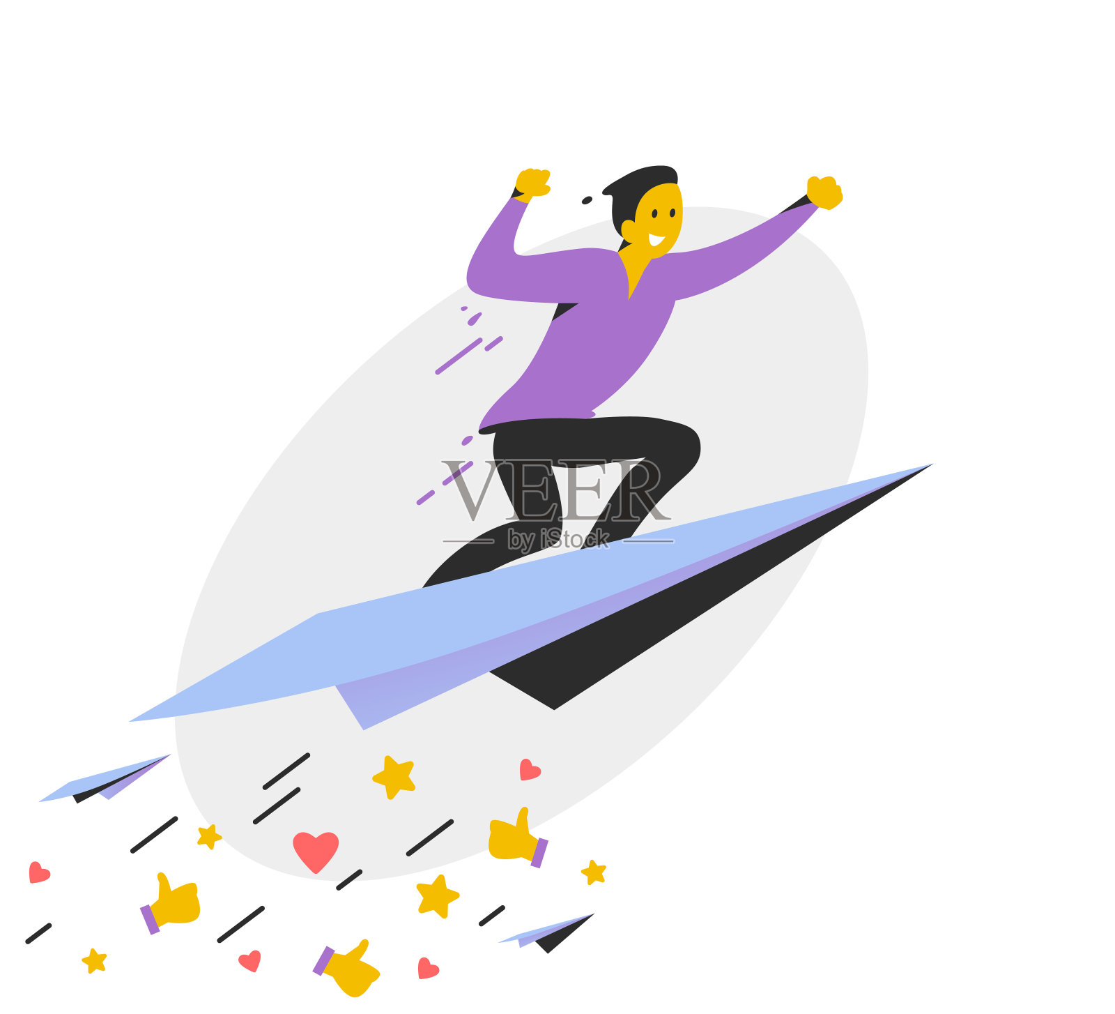 个人品牌设计理念，商业人士在纸飞机上翱翔，积极反馈喜欢和大拇指向上的图标。插画图片素材