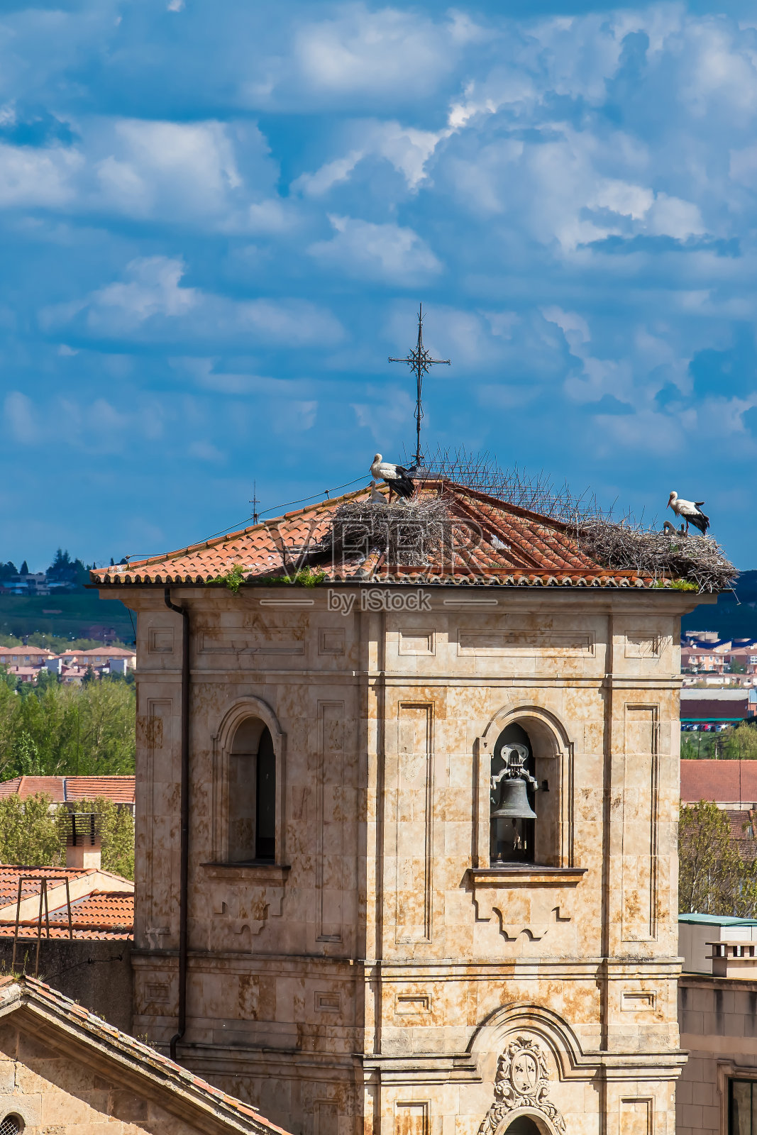 在西班牙萨拉曼卡市15世纪建造的卡门德阿巴霍教堂钟楼上筑巢的鹳照片摄影图片