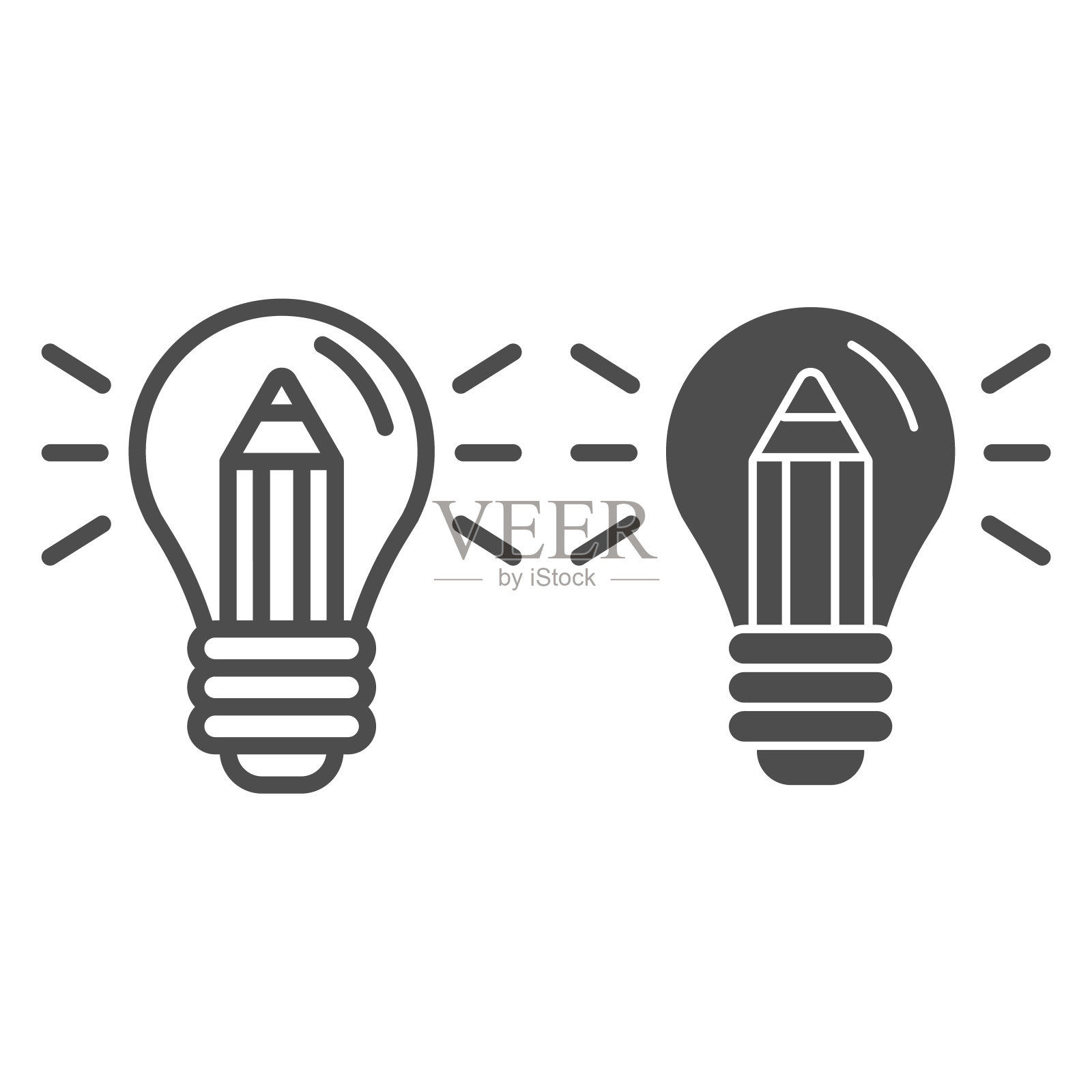 带有铅笔线条和字形图标的灯泡。创意矢量插图孤立在白色。创意大纲风格设计，专为网页和应用设计。插画图片素材