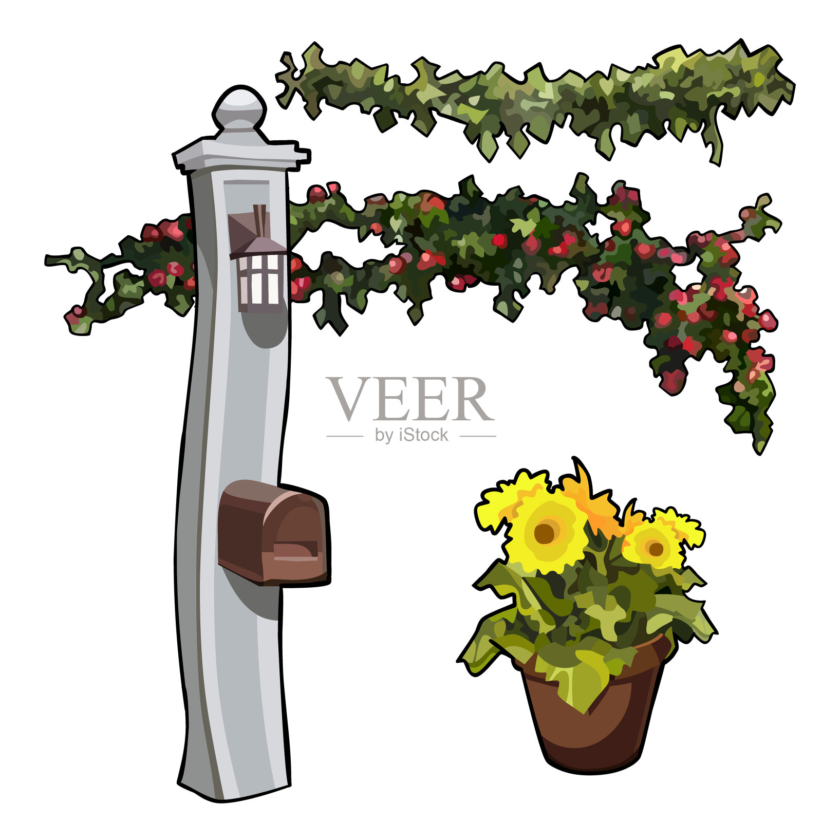 卡通邮资花环和黄色花盆插画图片素材