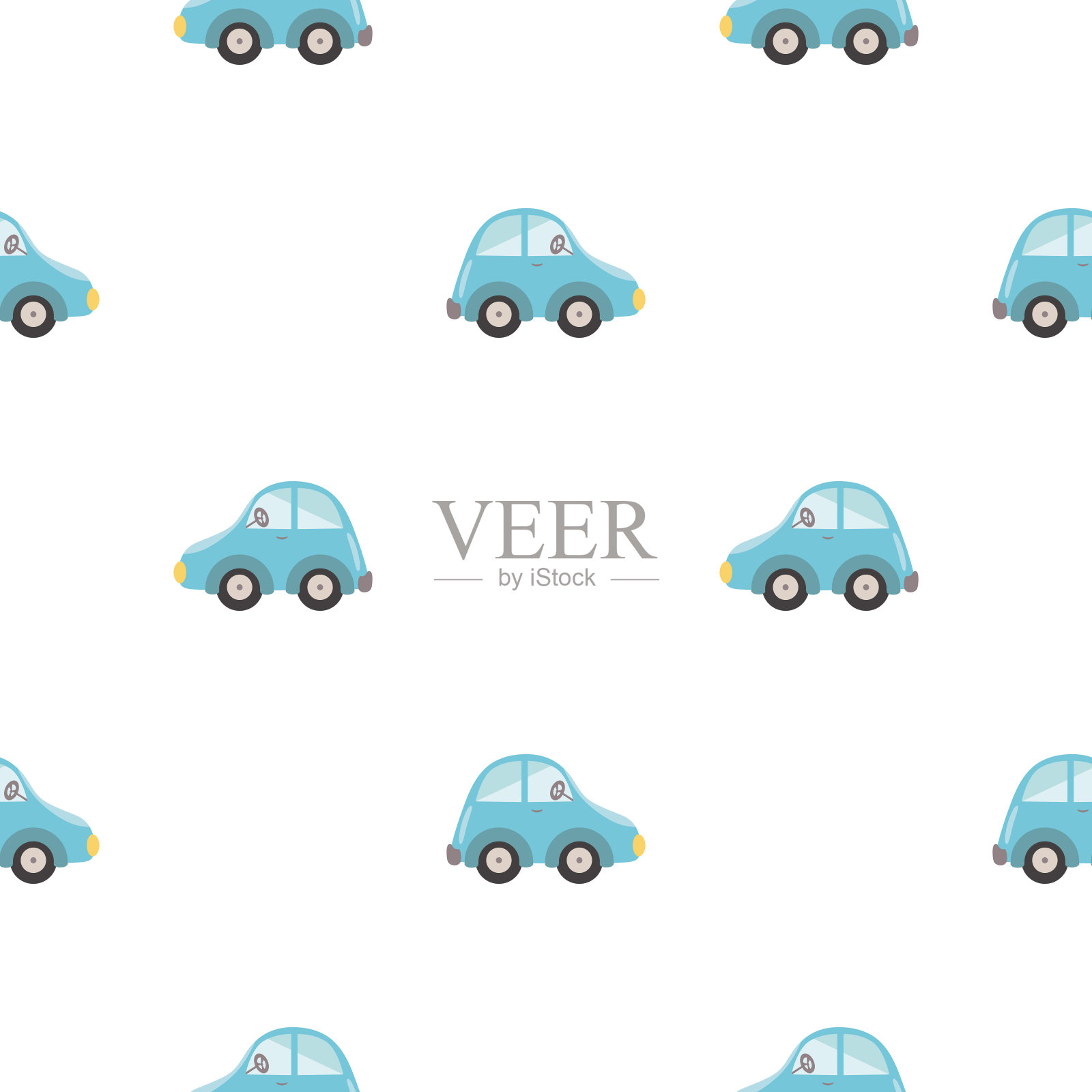 可爱汽车图案无缝儿童背景，蓝色卡通汽车在白色背景上插画图片素材