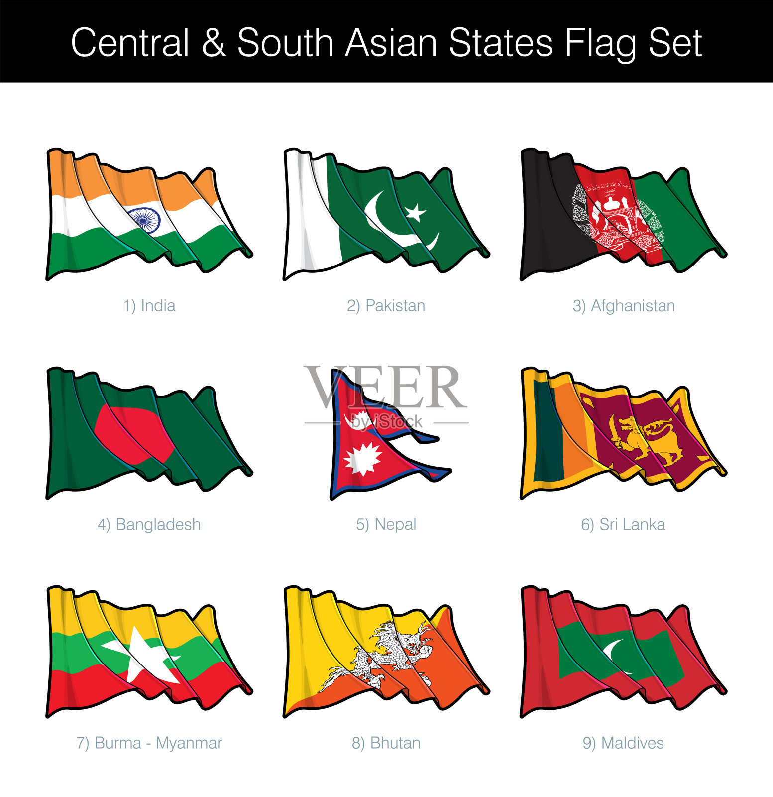 中亚和南亚国家挥舞旗帜设计元素图片