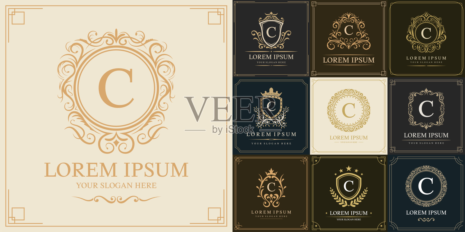 豪华标志模板，首字母类型C，矢量插图插画图片素材