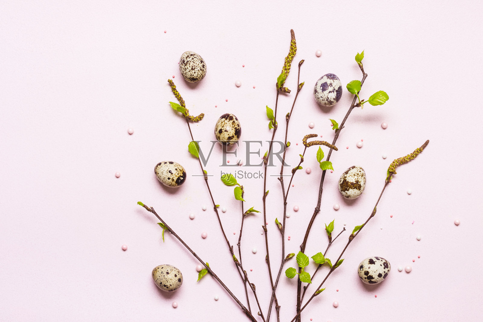 自然复活节装饰。盛开的嫩枝和鹌鹑蛋在精致的粉红色背景。复活节快乐概念照片摄影图片