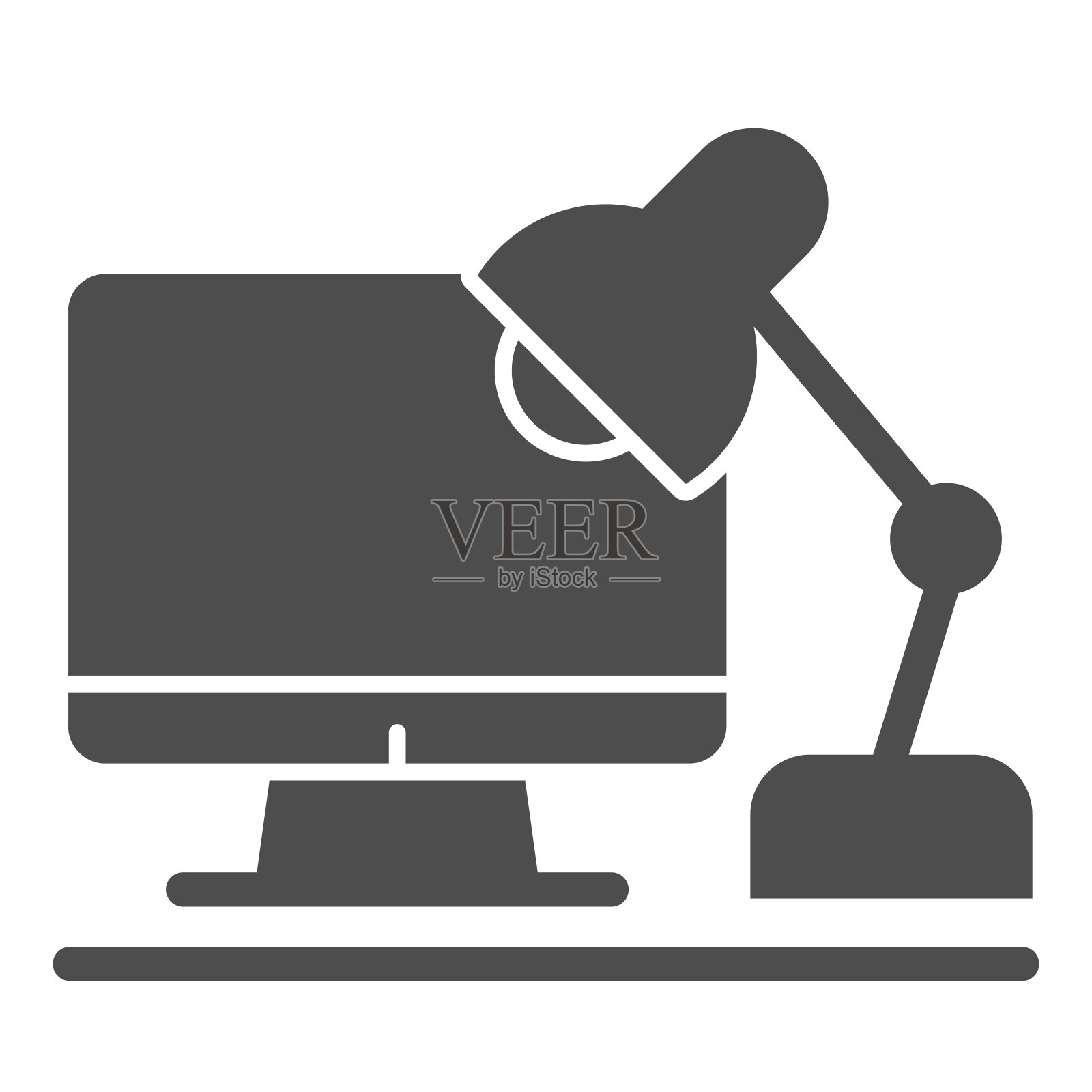 工作场所的坚实的图标。Pc和台灯矢量插图孤立在白色上。工作空间字形风格设计，专为网页和应用设计。Eps 10。图标素材