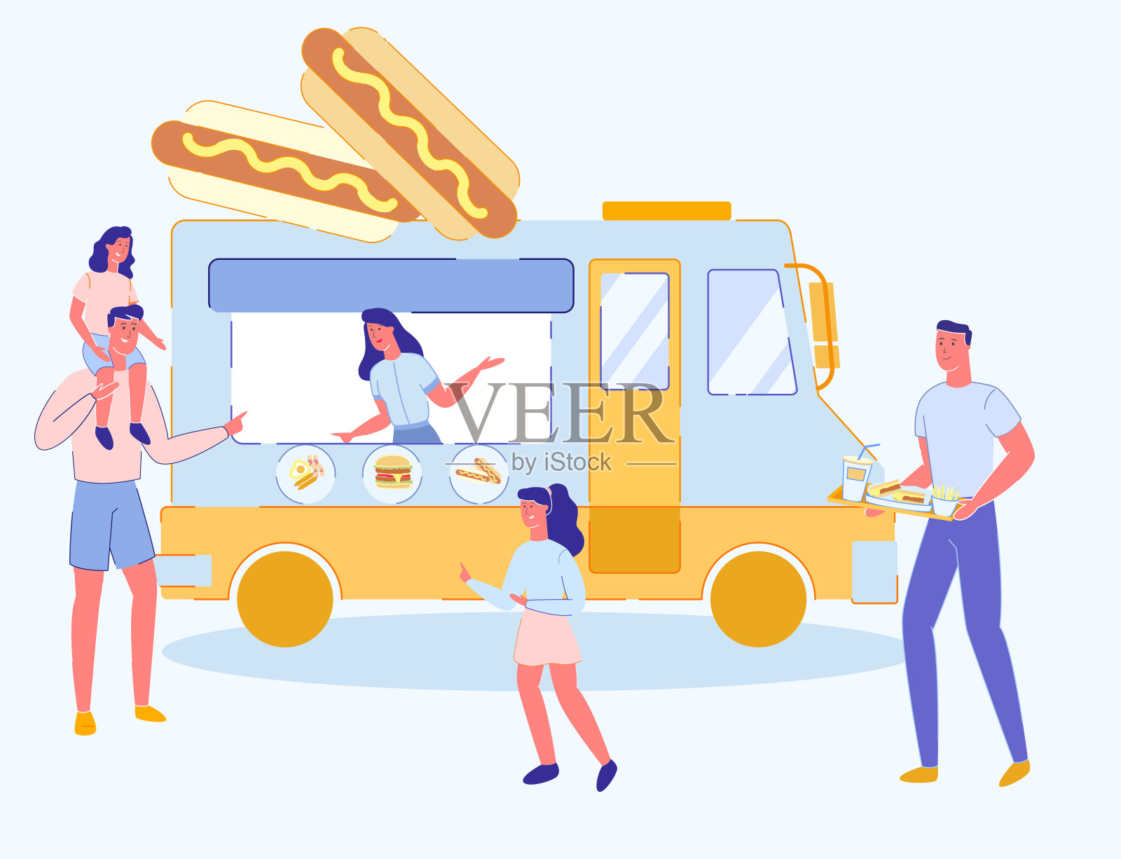 家庭在户外街头节日购买食物。插画图片素材