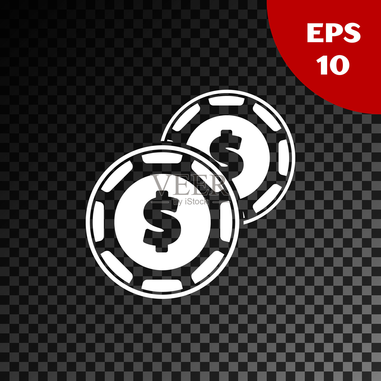 白色赌场芯片与美元符号图标孤立在透明的黑暗背景。赌场赌博。矢量图插画图片素材