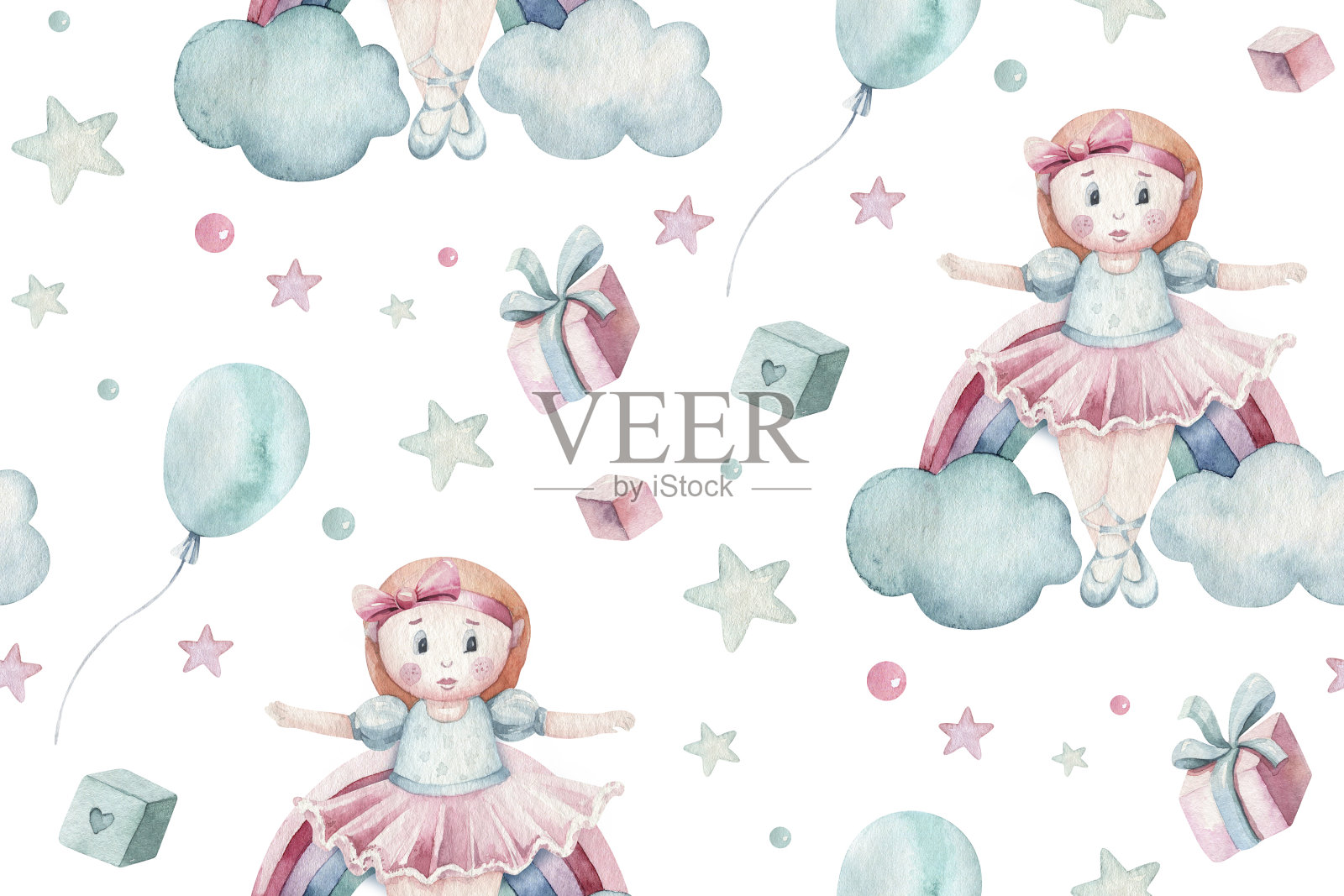 宝宝淋浴小天鹅水彩女孩无缝图案蝴蝶卡通元素。一套婴儿粉红色的裙子和婴儿的靴子生日插图。新生彩虹派对邀请插画图片素材