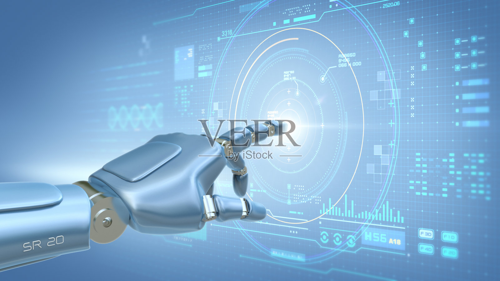 机器人手触摸抽象虚拟用户界面触摸屏人工智能数字未来技术概念，3d渲染照片摄影图片