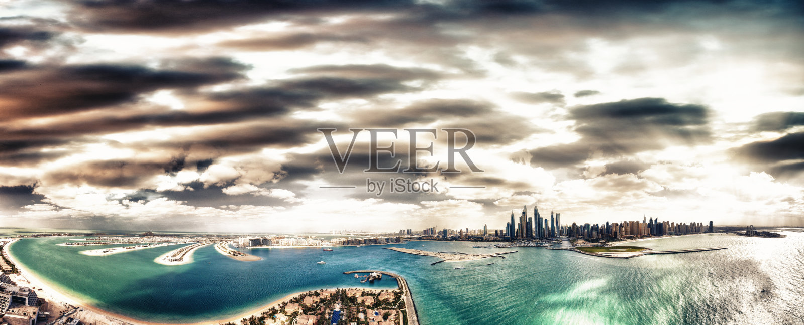 阿联酋迪拜码头棕榈岛日落全景鸟瞰照片摄影图片