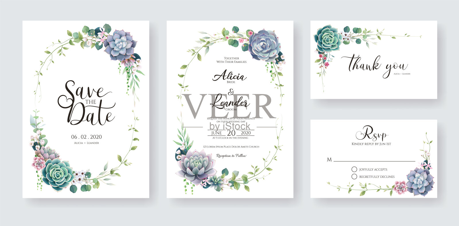 绿叶，多肉和树枝的婚礼邀请卡，保存日期，谢谢，回复模板。设计模板素材