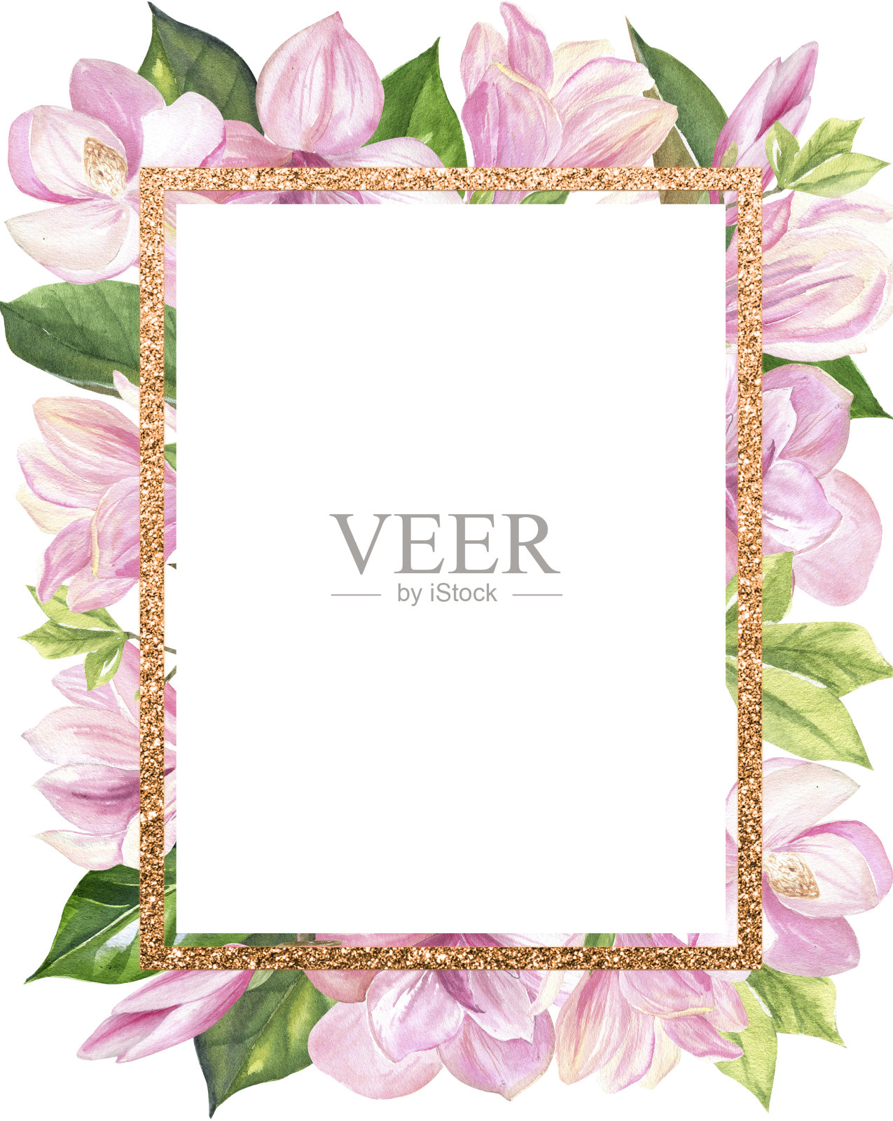 完成的图像，一个金色的框架与粉红色的木兰花和绿色的叶子，水彩，在一个白色的背景，有一个地方为您的签名设计元素图片