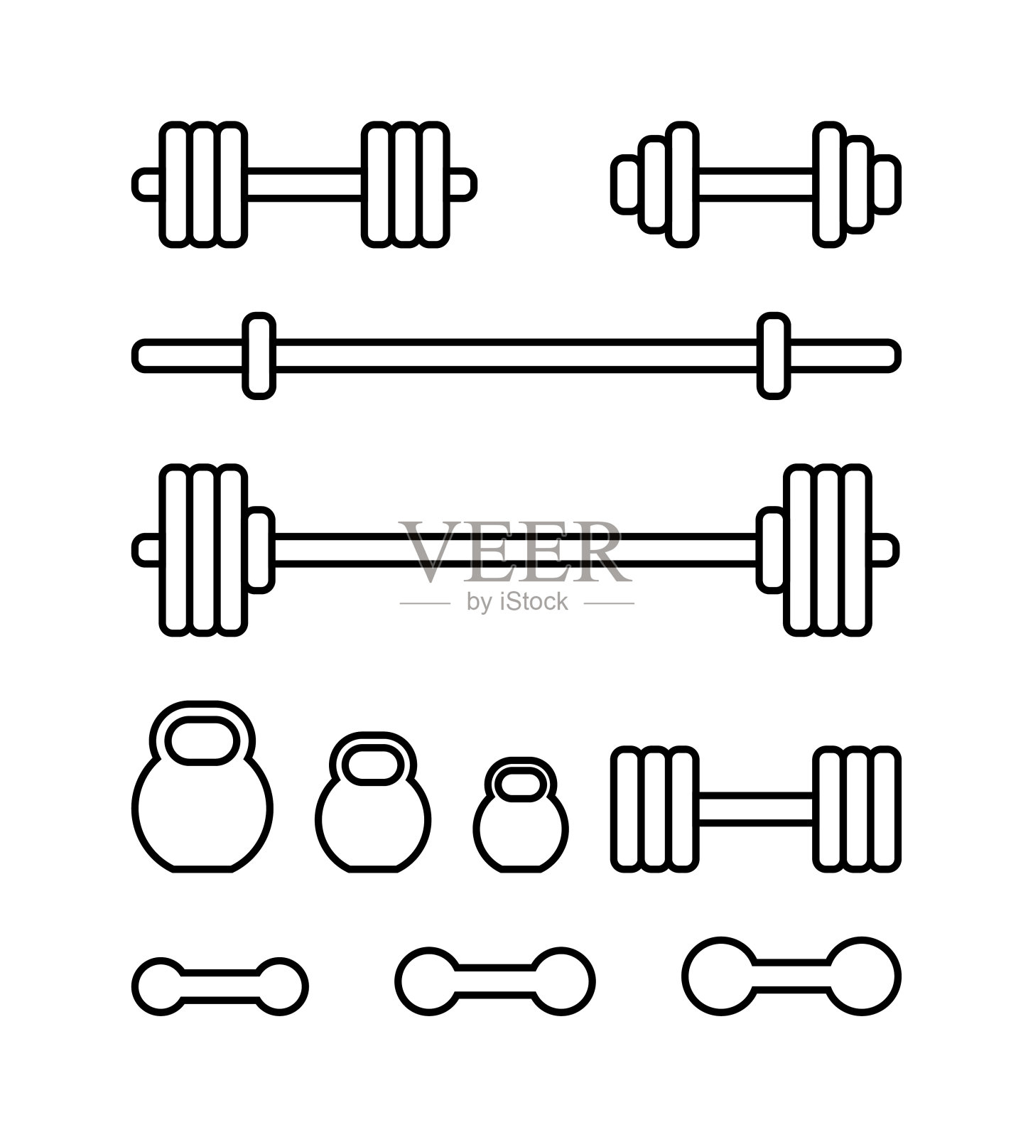 一套健身运动设备。杠铃，壶铃，杠铃和哑铃在白色背景孤立线性风格。杠铃图标设置为网页设计。运动器材采用现代简约的平面设计。矢量图插画图片素材