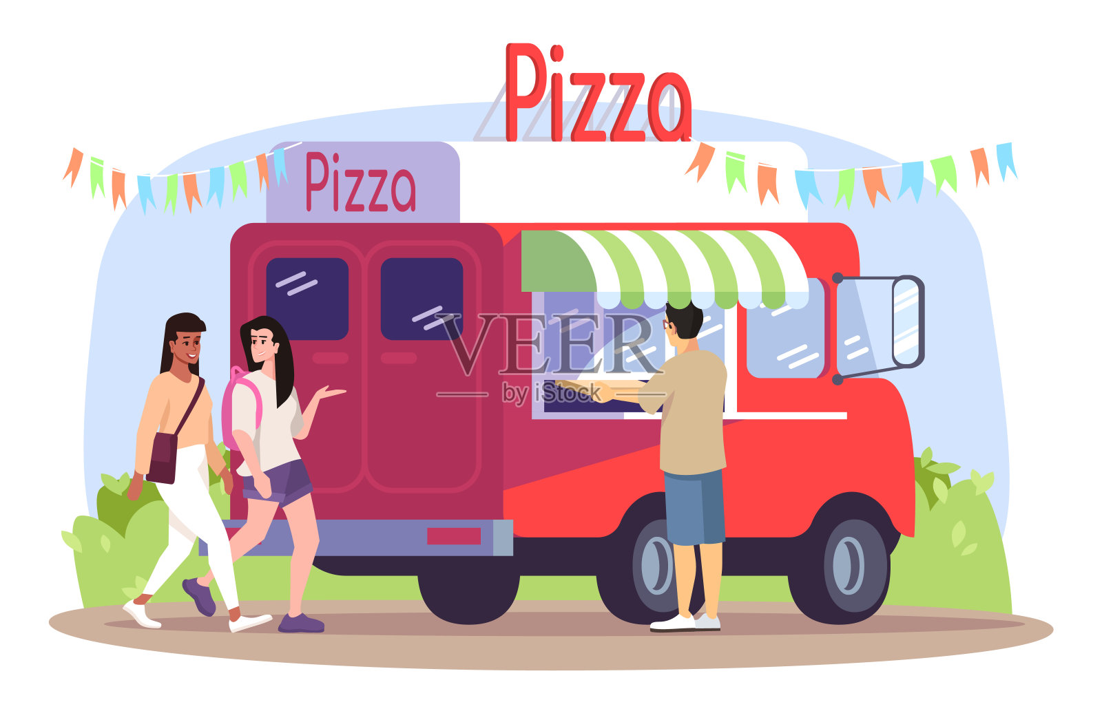 比萨餐车平面矢量插图。在城市野餐上准备外卖。街头披萨店的顾客，行走的女孩孤立的卡通人物在白色的背景插画图片素材