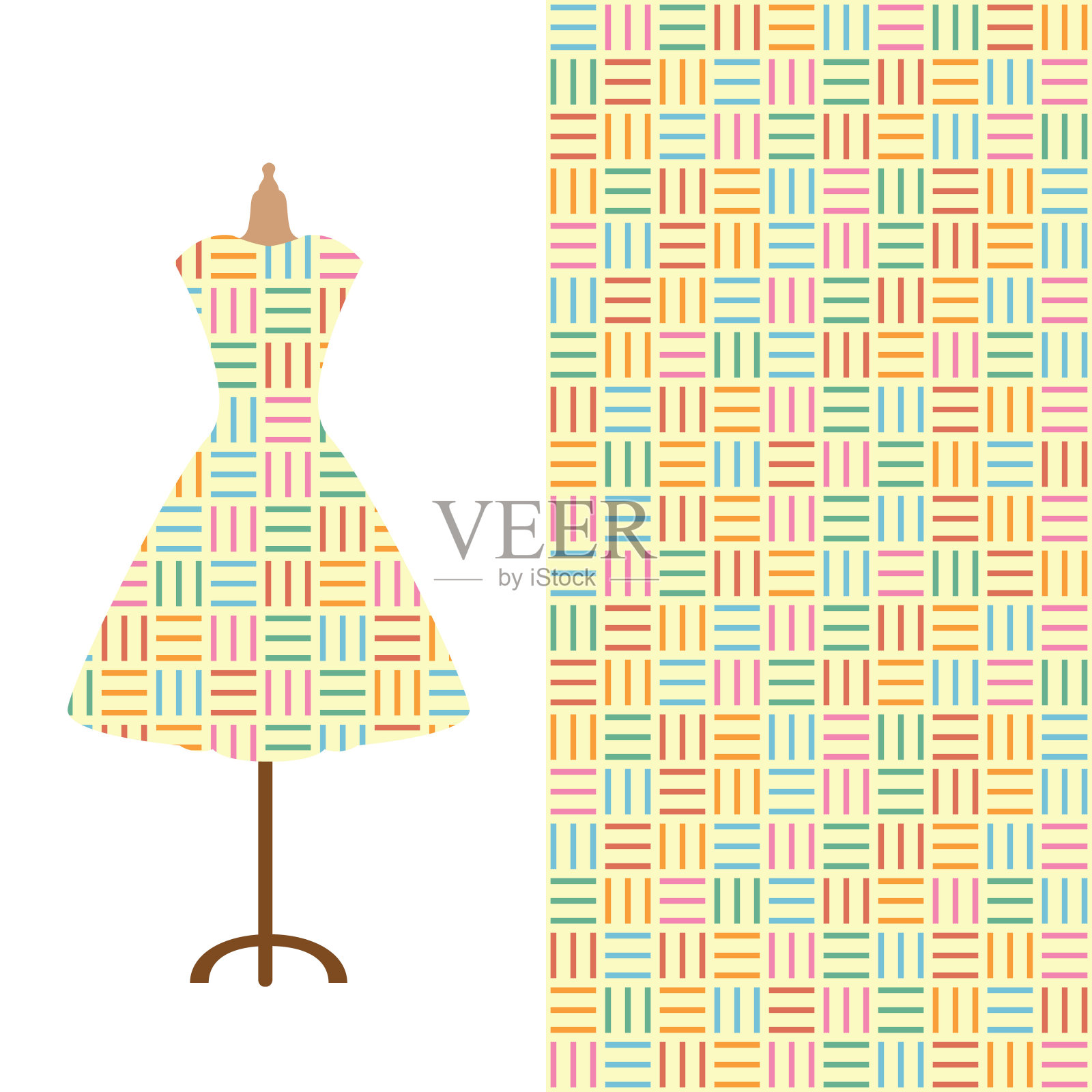 时尚艺术收藏，矢量插图。复古裁缝的假人，服装模型和彩色无缝图案的纺织品，纸张打印，邀请或名片设计。孤立的元素插画图片素材