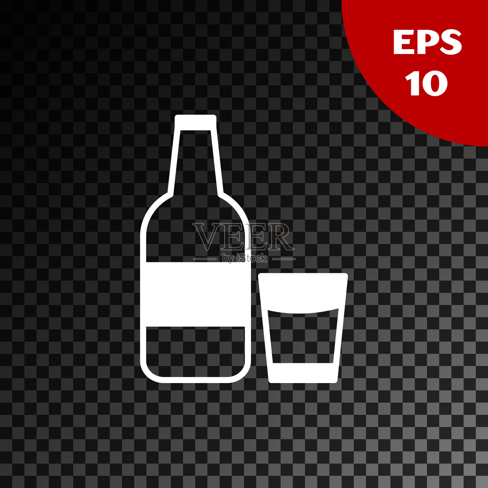 白色封闭的玻璃瓶与牛奶和玻璃图标隔离在透明的黑暗背景。矢量图插画图片素材