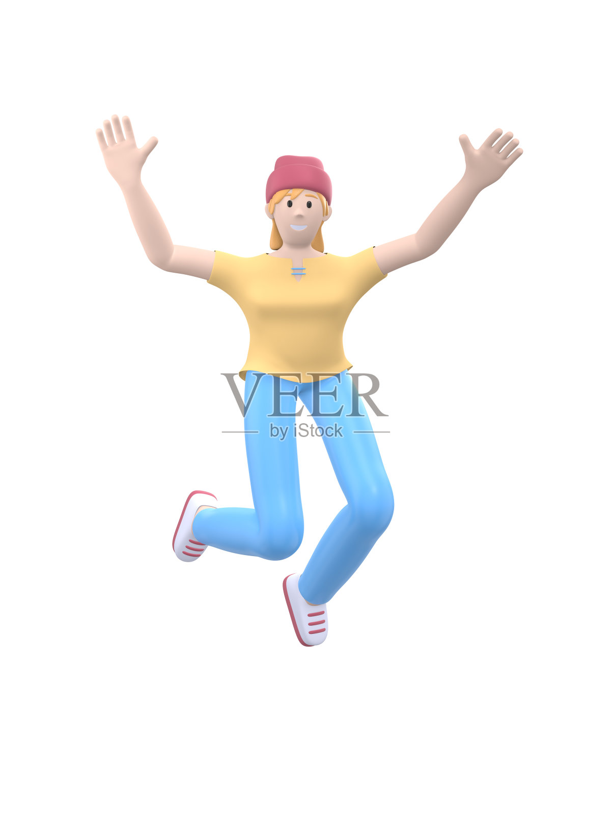 年轻活泼的时髦女孩戴着帽子跳舞、跳跃、漂浮和飞翔。积极的角色在休闲彩色衣服孤立在白色的背景。有趣、抽象的卡通人物。3 d渲染。照片摄影图片