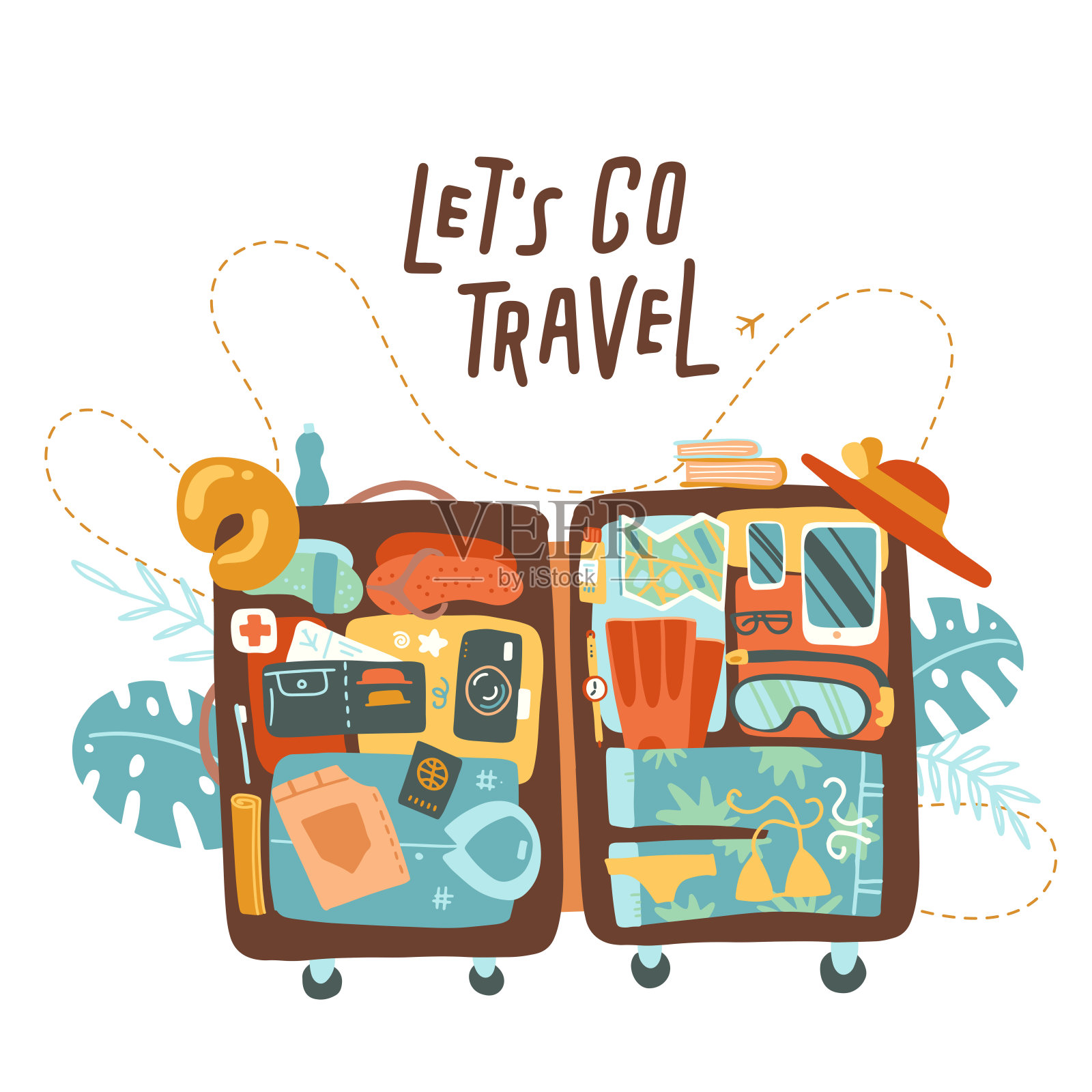 让我们去旅行的概念，打开行李箱，里面有很多东西。以热带棕榈叶为背景的旅行行李。平面vactor插图与字母插画图片素材