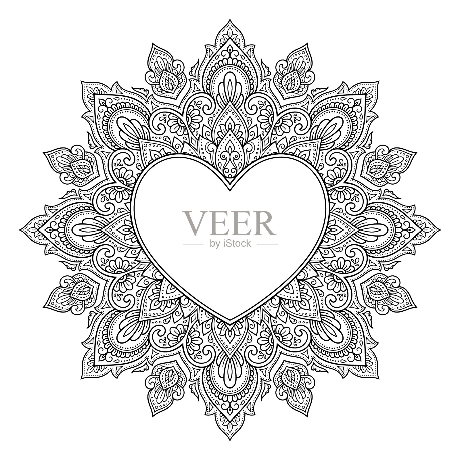曼荼罗的圆形图案，框架为心形。东方民族曼海蒂风格的装饰装饰。轮廓涂鸦手绘矢量插图。抗应力着色书页。插画图片素材