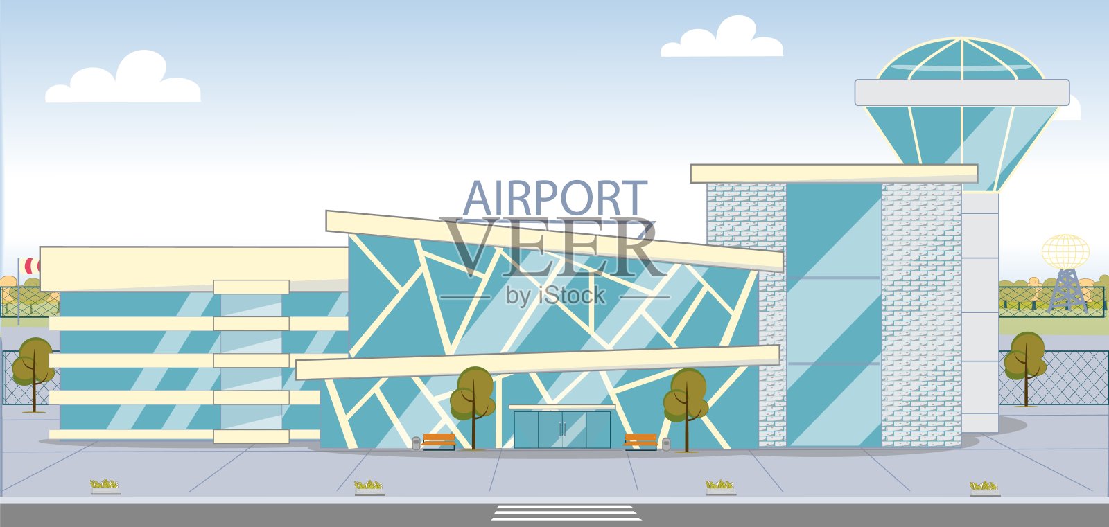 玻璃幕墙的现代机场建筑外观插画图片素材