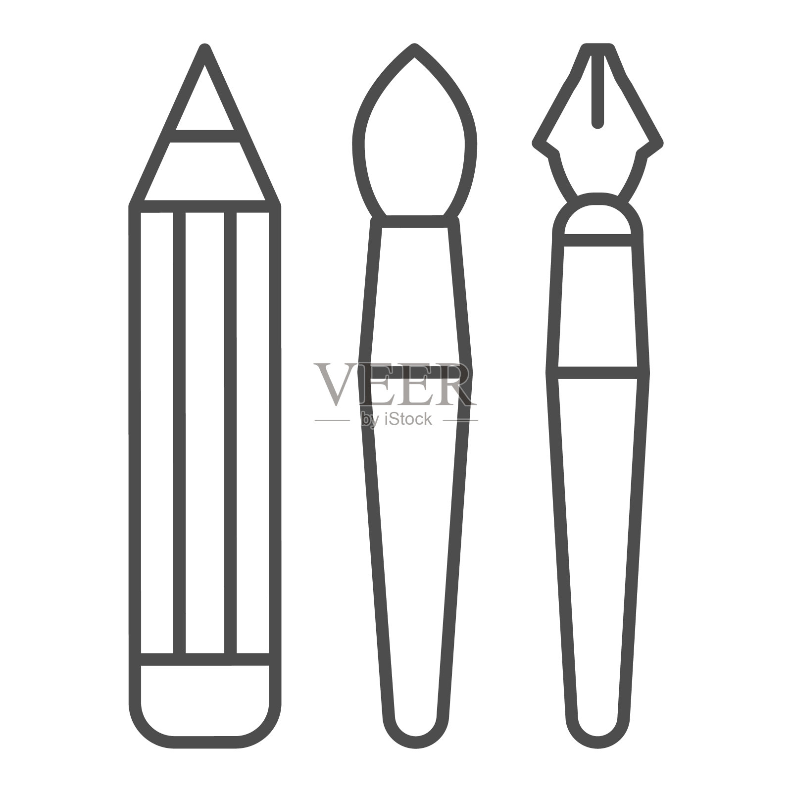 手绘工具细线图标。铅笔、钢笔、毛笔符号，白色背景上的轮廓风格象形图。学校或文具标志的移动概念和网页设计。矢量图形。插画图片素材