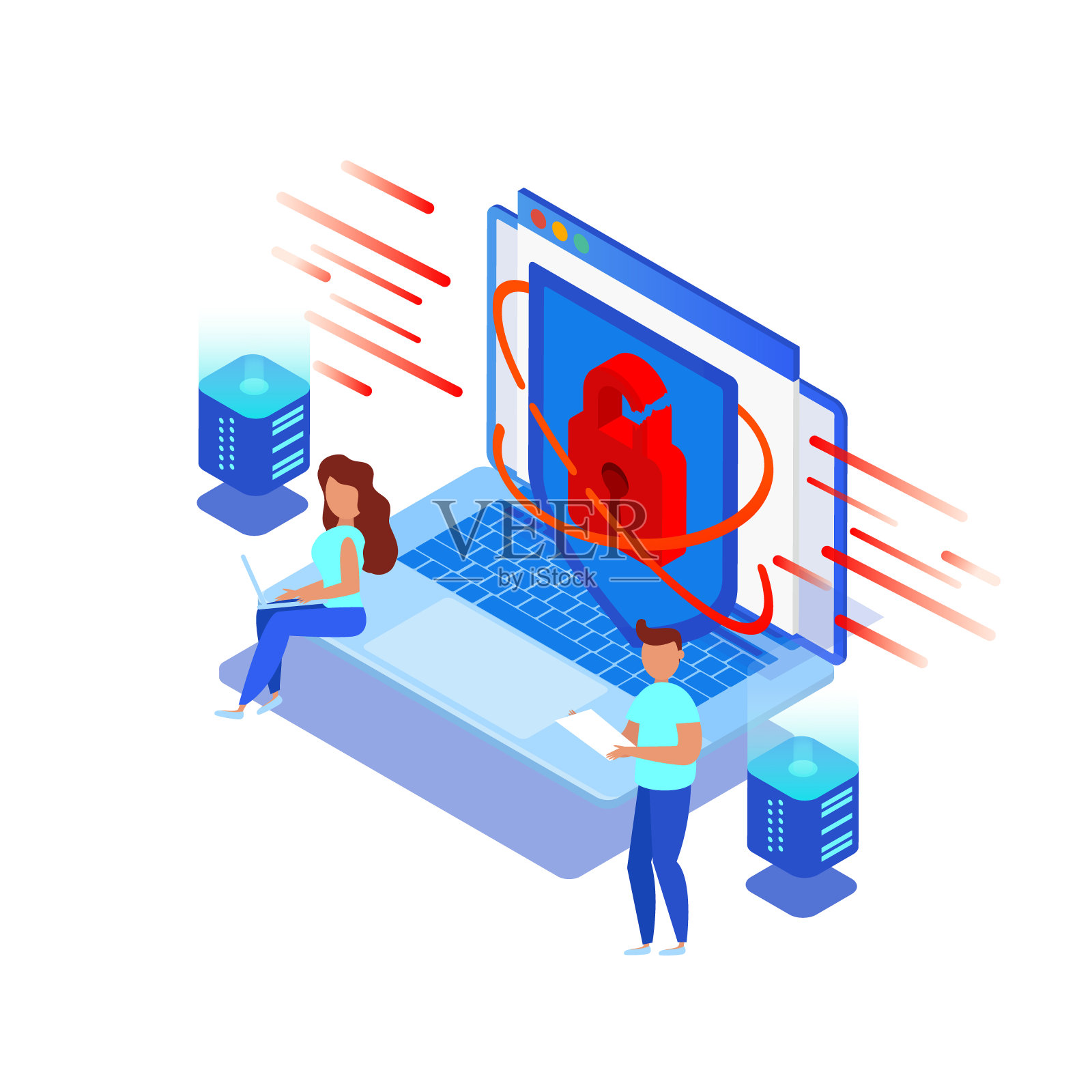 笔记本电脑用坏了锁，小人试着尊敬一台电脑。通过窃取个人数据，发起网络病毒的网络攻击插画图片素材