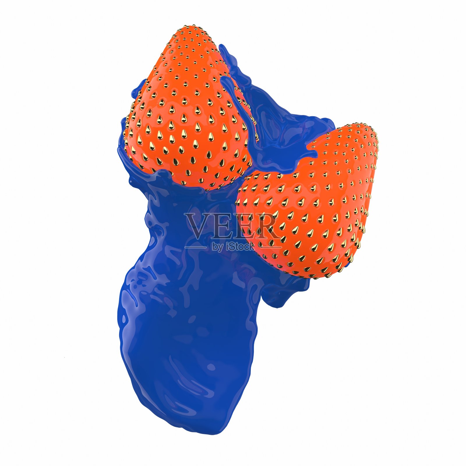 2个多汁的新鲜草莓和金色的种子浇在甜美的蓝色果冻上。孤立在白色背景的3d插图照片摄影图片