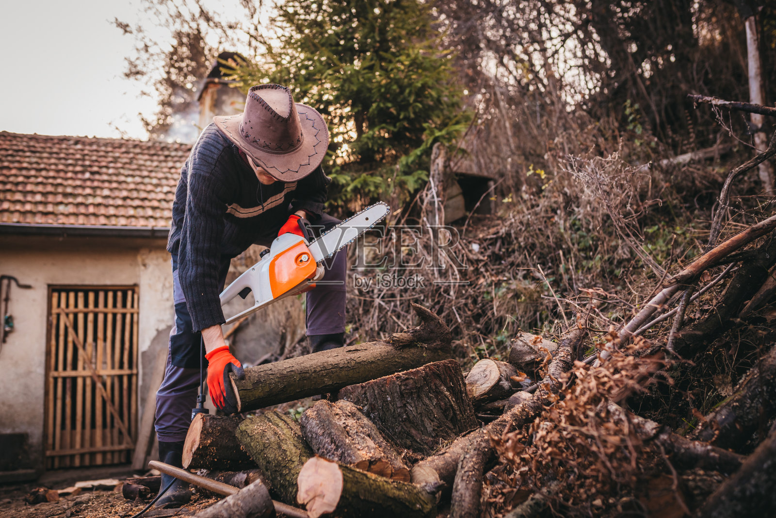 用电锯砍柴照片摄影图片
