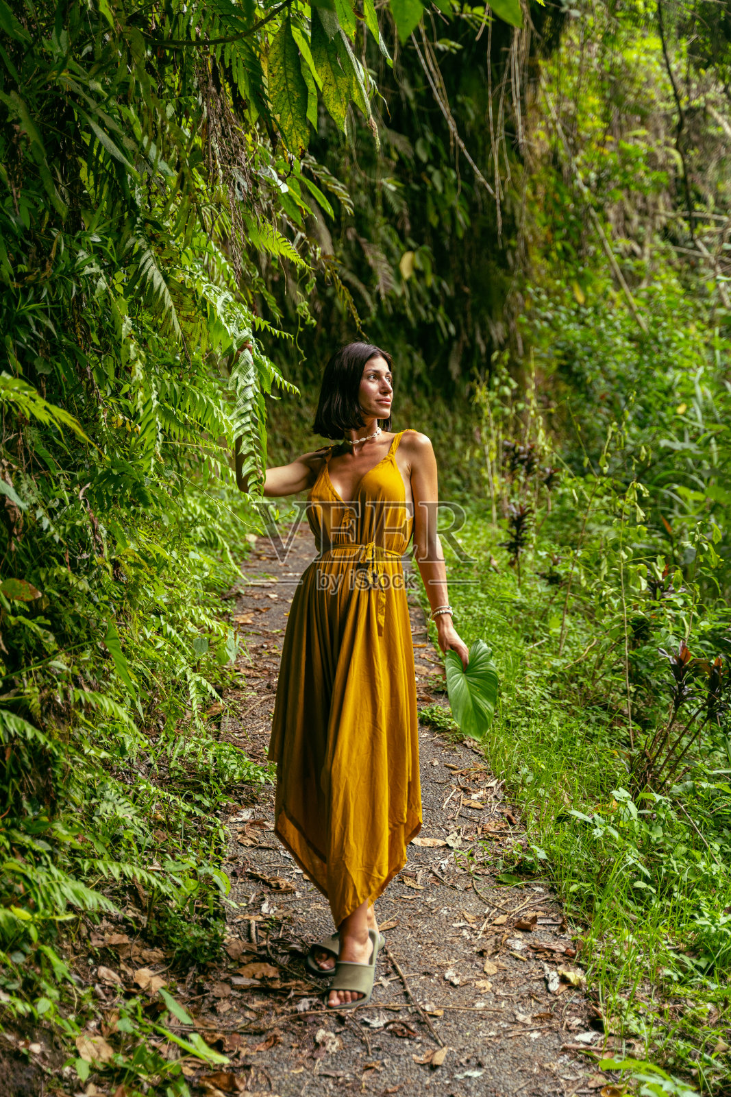 快乐的深色头发女子欣赏异国风光照片摄影图片