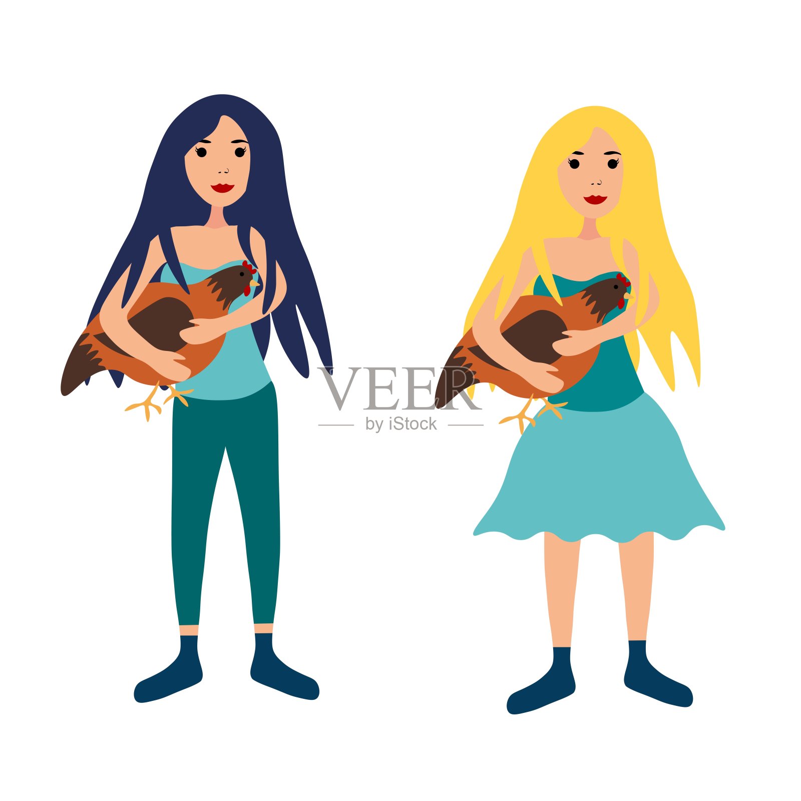 金发和黑发女孩站着一只鸡在一个扁平的风格孤立在白色的背景。股票矢量插图装饰和设计，网页，明信片，织物和更多。插画图片素材