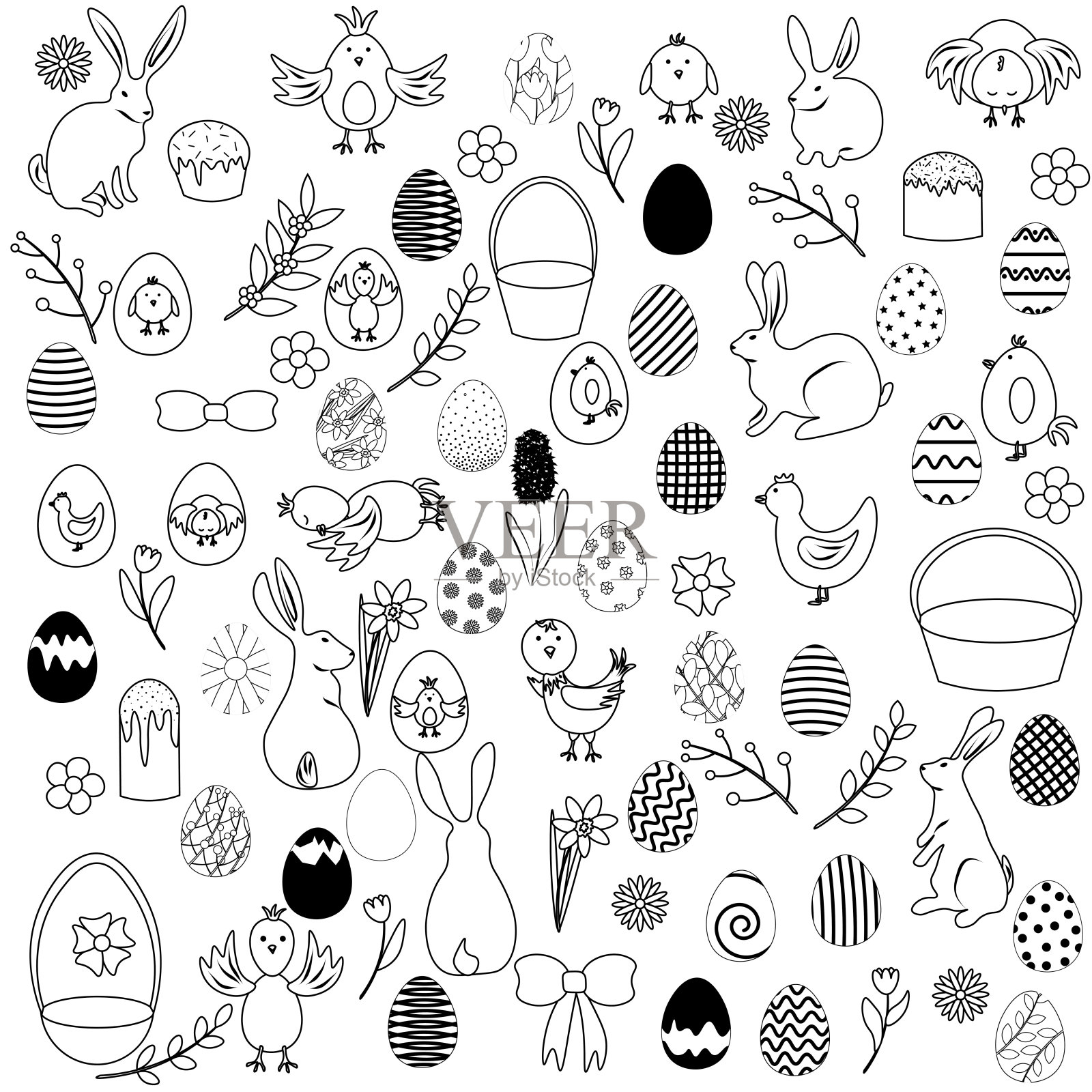 大复活节轮廓设置孤立在白色背景。股票矢量插图装饰和设计，儿童书籍和着色，贴纸，织物，包装，卡片，复活节快乐和更多。插画图片素材