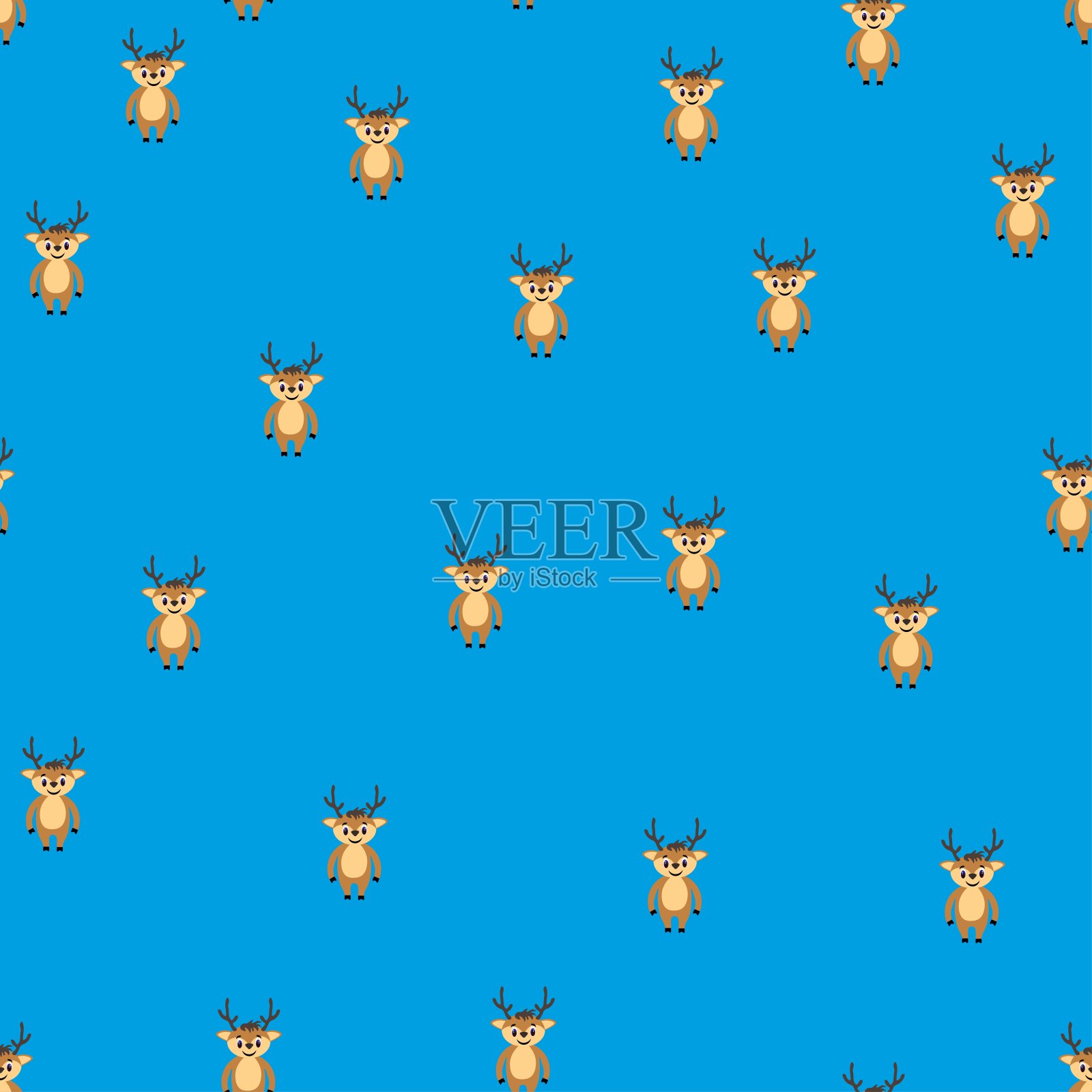 无缝图案与可爱的鹿在一个平坦的风格上的蓝色背景。库存矢量插图装饰和设计，包装，墙纸，包装纸，织物，海报，明信片，网页插画图片素材