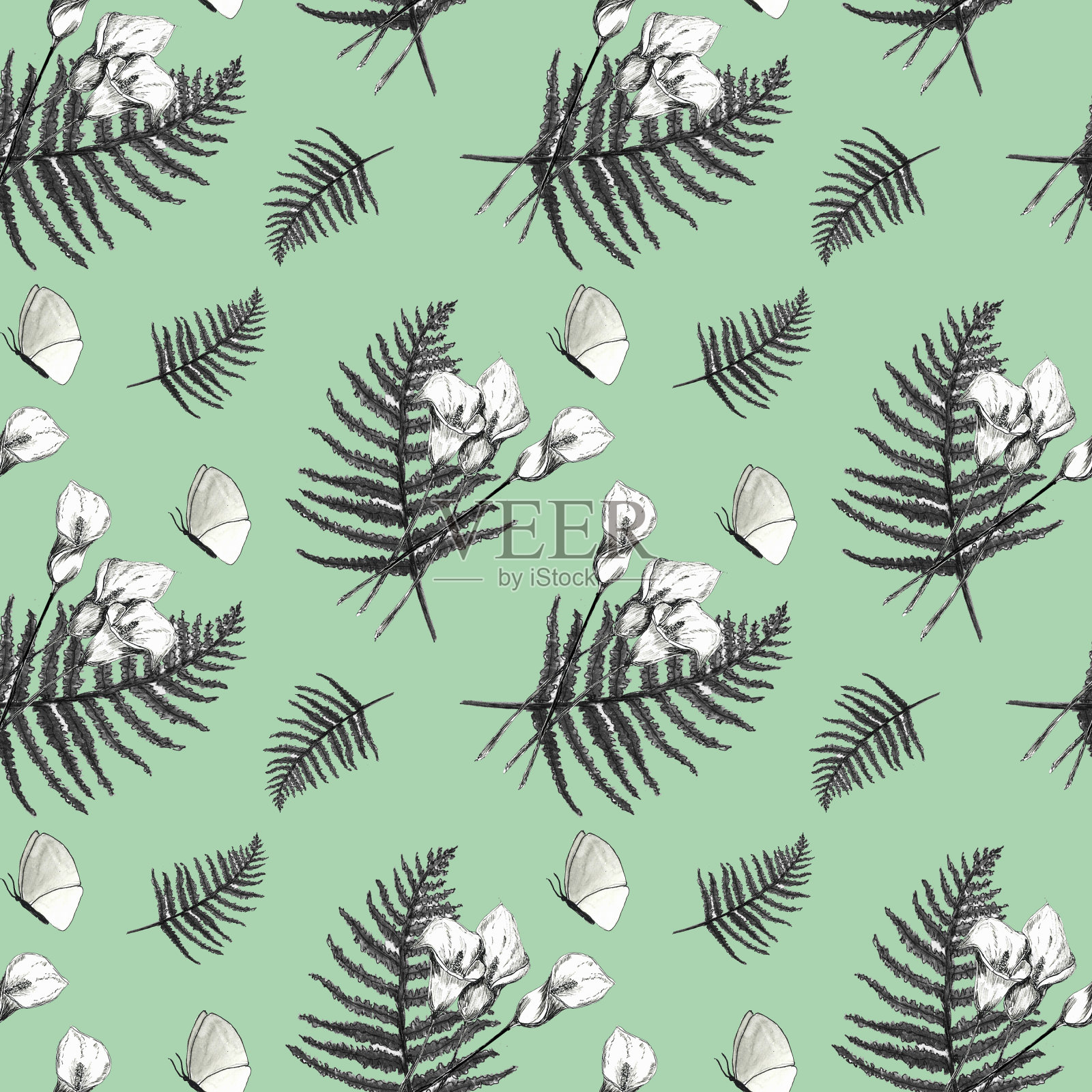 单色花束和装饰细节上的彩色背景的花卉图案。插画图片素材