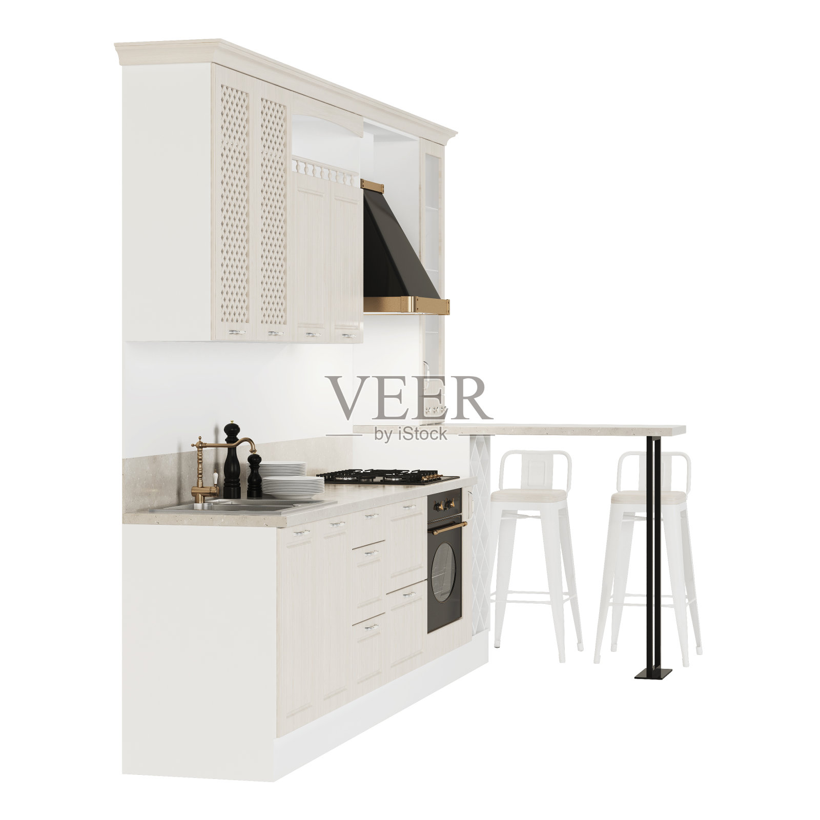 厨房。白色背景上的家具和厨房设备。包括剪切路径。3 d渲染。照片摄影图片