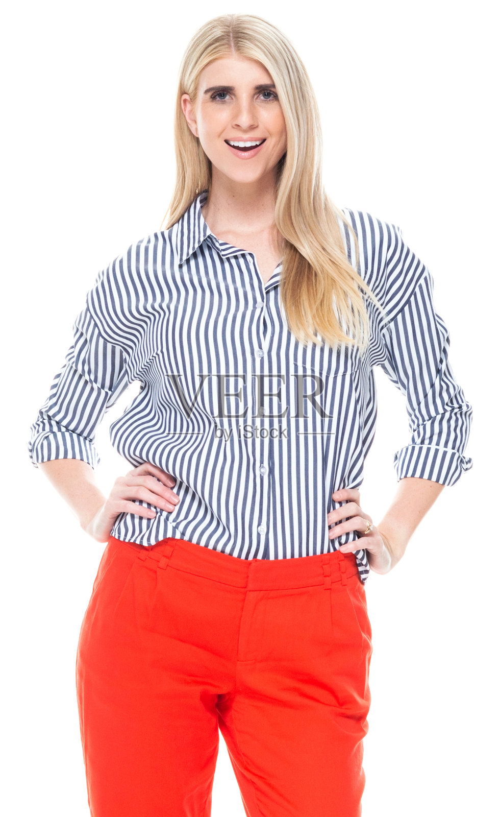 白人女商人站在白色背景下穿着商务休闲装照片摄影图片